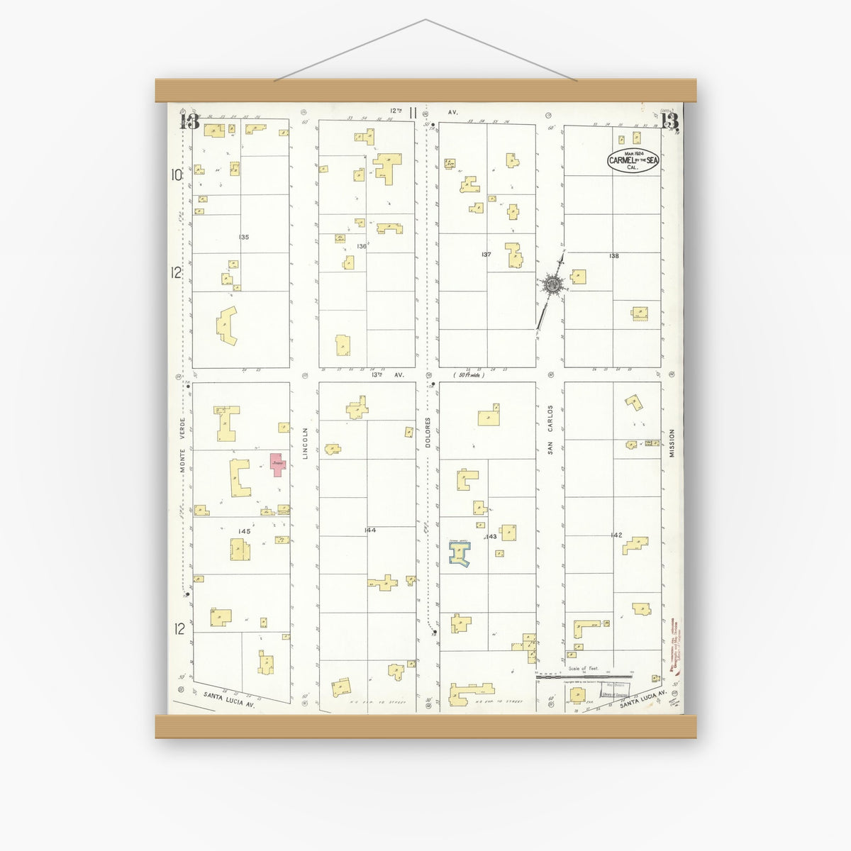 Old map wall art mockup — magnetic wood frame on white wall — Sanborn Fire Insurance Map from Carmel By The Sea, Monterey County, California (1924), Sheet #0013