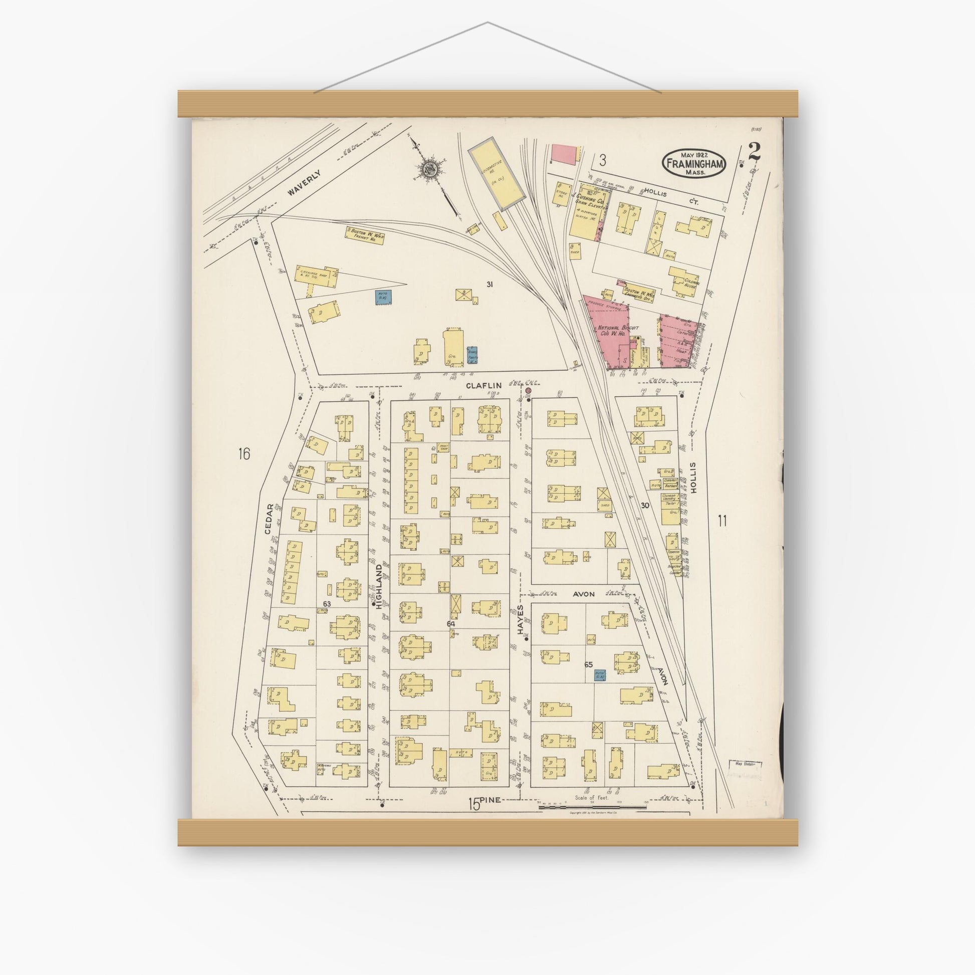 Old map wall art mockup — magnetic wood frame on white wall — Sanborn Fire Insurance Map from Framingham, Middlesex County, Massachusetts (1922), Sheet #0002