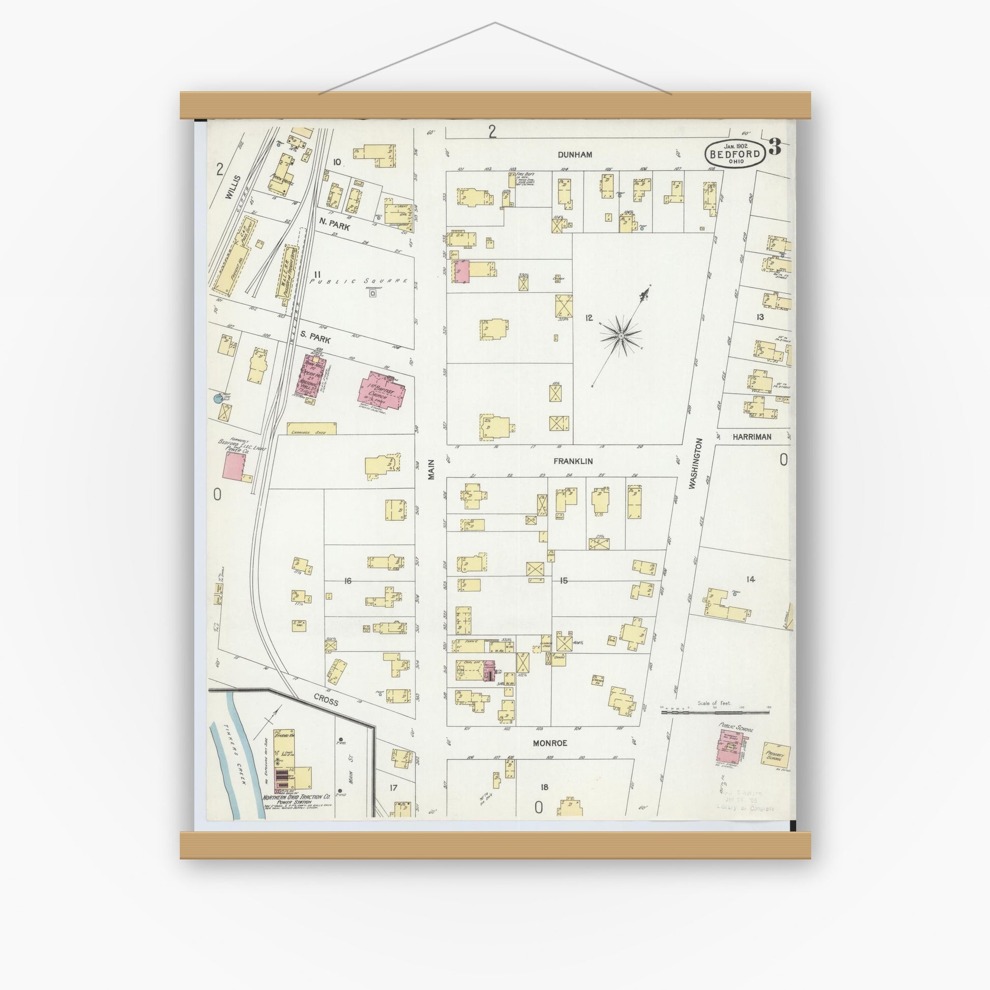 Old map wall art mockup — magnetic wood frame on white wall — Sanborn Fire Insurance Map from Bedford, Cuyahoga County, Ohio (1902), Sheet #0003