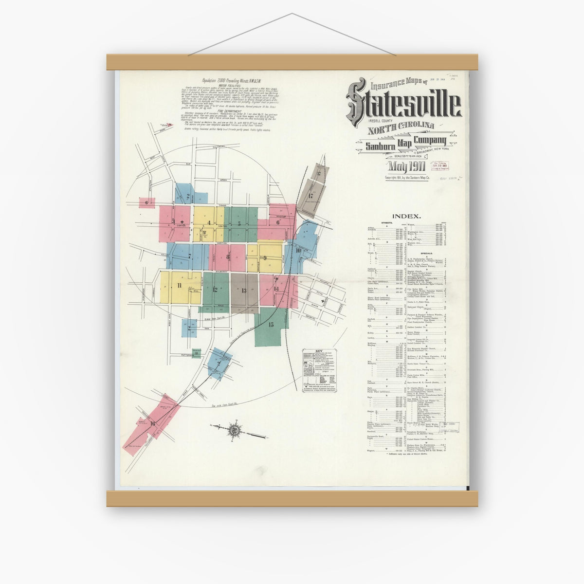Old map wall art mockup — magnetic wood frame on white wall — Sanborn Fire Insurance Map from Statesville, Iredell County, North Carolina (1911) - Complete Map Set