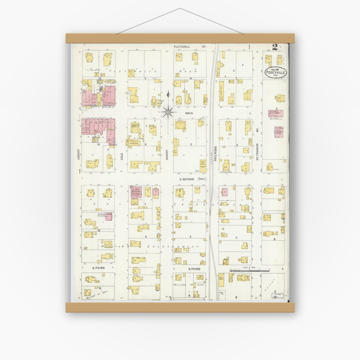 Old map wall art mockup — magnetic wood frame on white wall — Sanborn Fire Insurance Map from Poseyville, Posey County, Indiana (1907), Sheet #0002