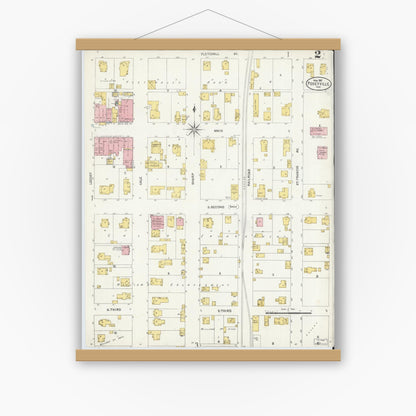 Old map wall art mockup — magnetic wood frame on white wall — Sanborn Fire Insurance Map from Poseyville, Posey County, Indiana (1907), Sheet #0002