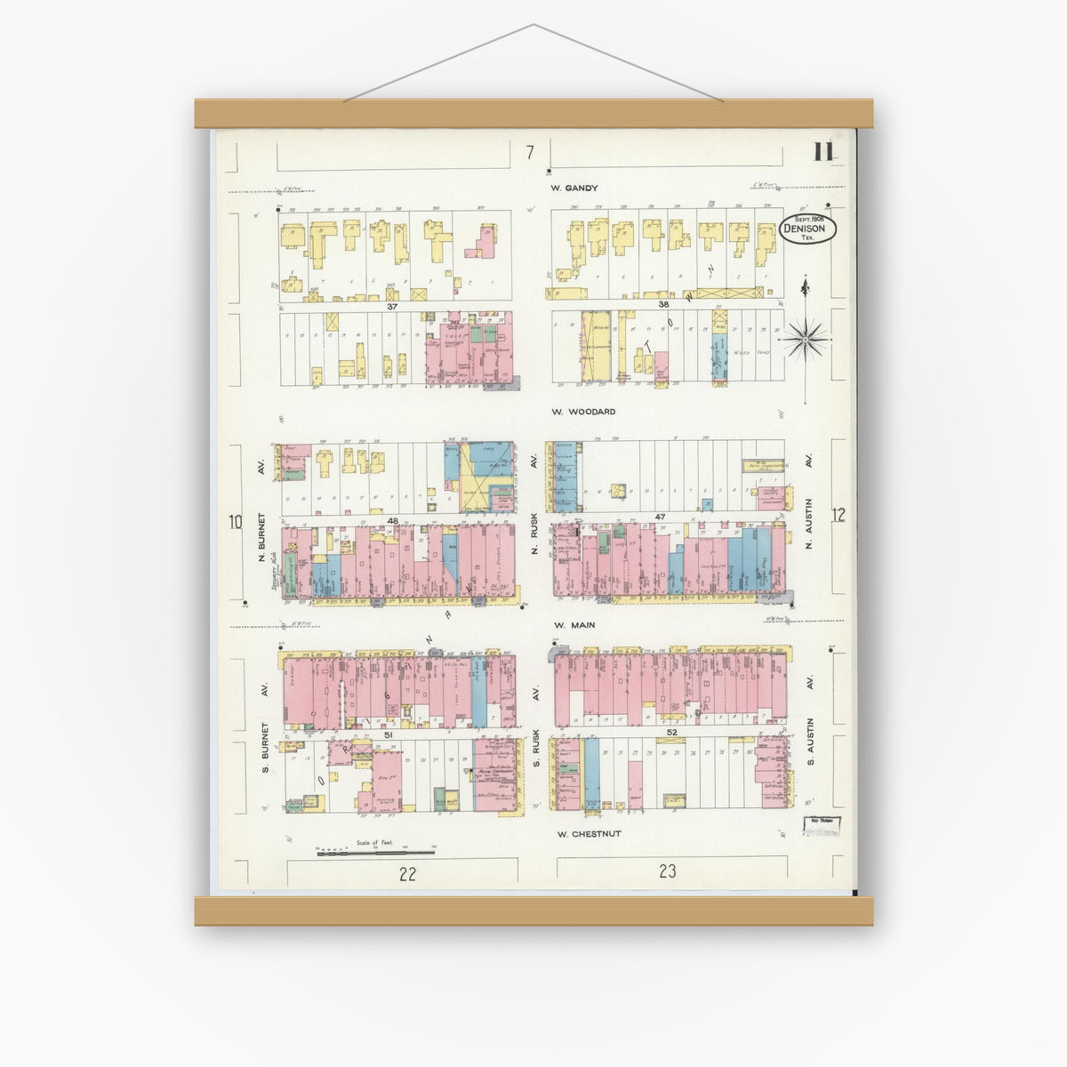 Old map wall art mockup — magnetic wood frame on white wall — Sanborn Fire Insurance Map from Denison, Grayson County, Texas (1908), Sheet #0011