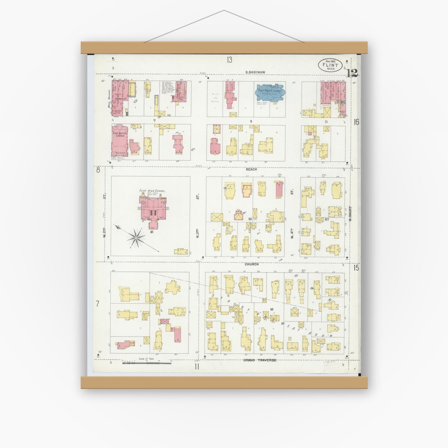 Old map wall art mockup — magnetic wood frame on white wall — Sanborn Fire Insurance Map from Flint, Genesee County, Michigan (1902), Sheet #0012