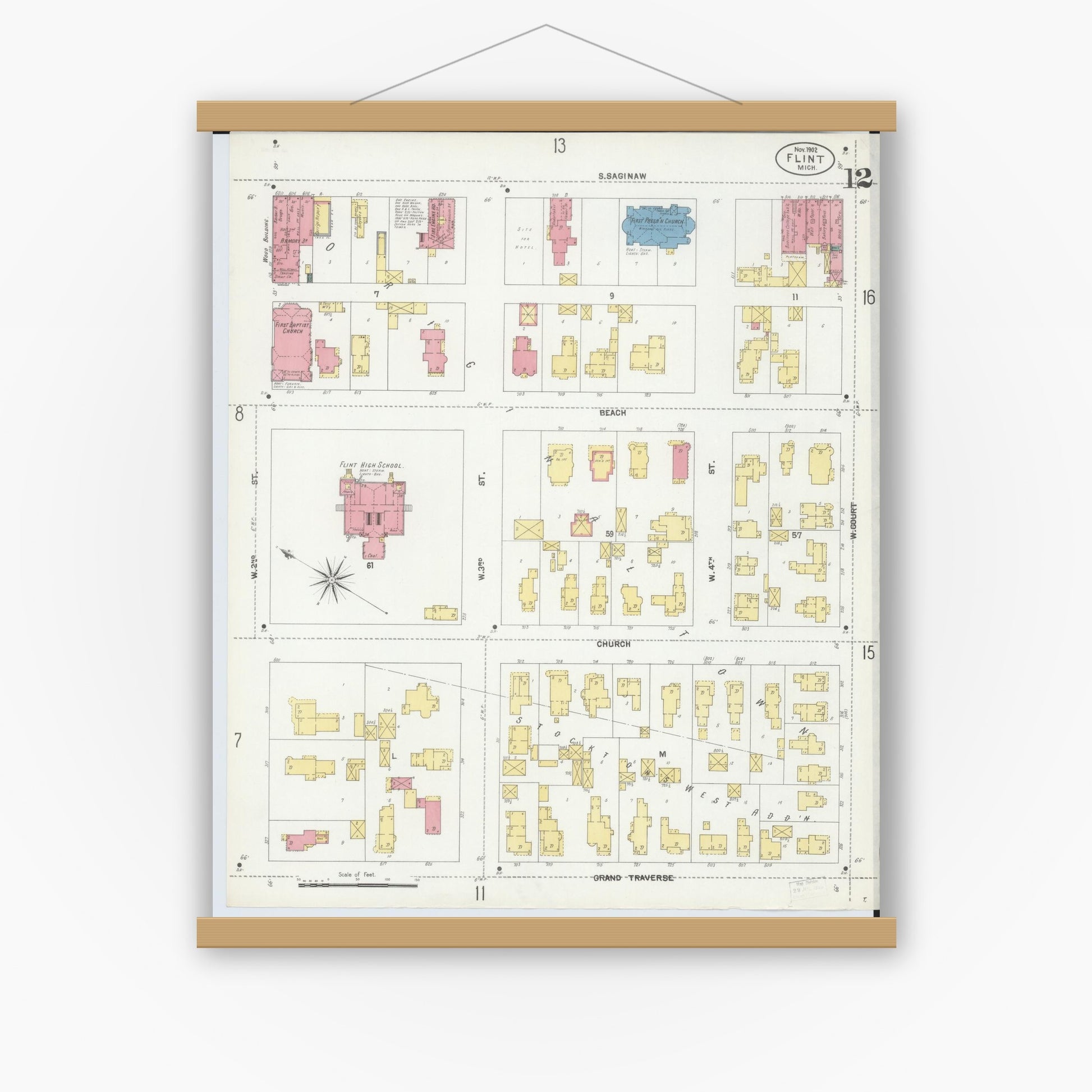 Old map wall art mockup — magnetic wood frame on white wall — Sanborn Fire Insurance Map from Flint, Genesee County, Michigan (1902), Sheet #0012