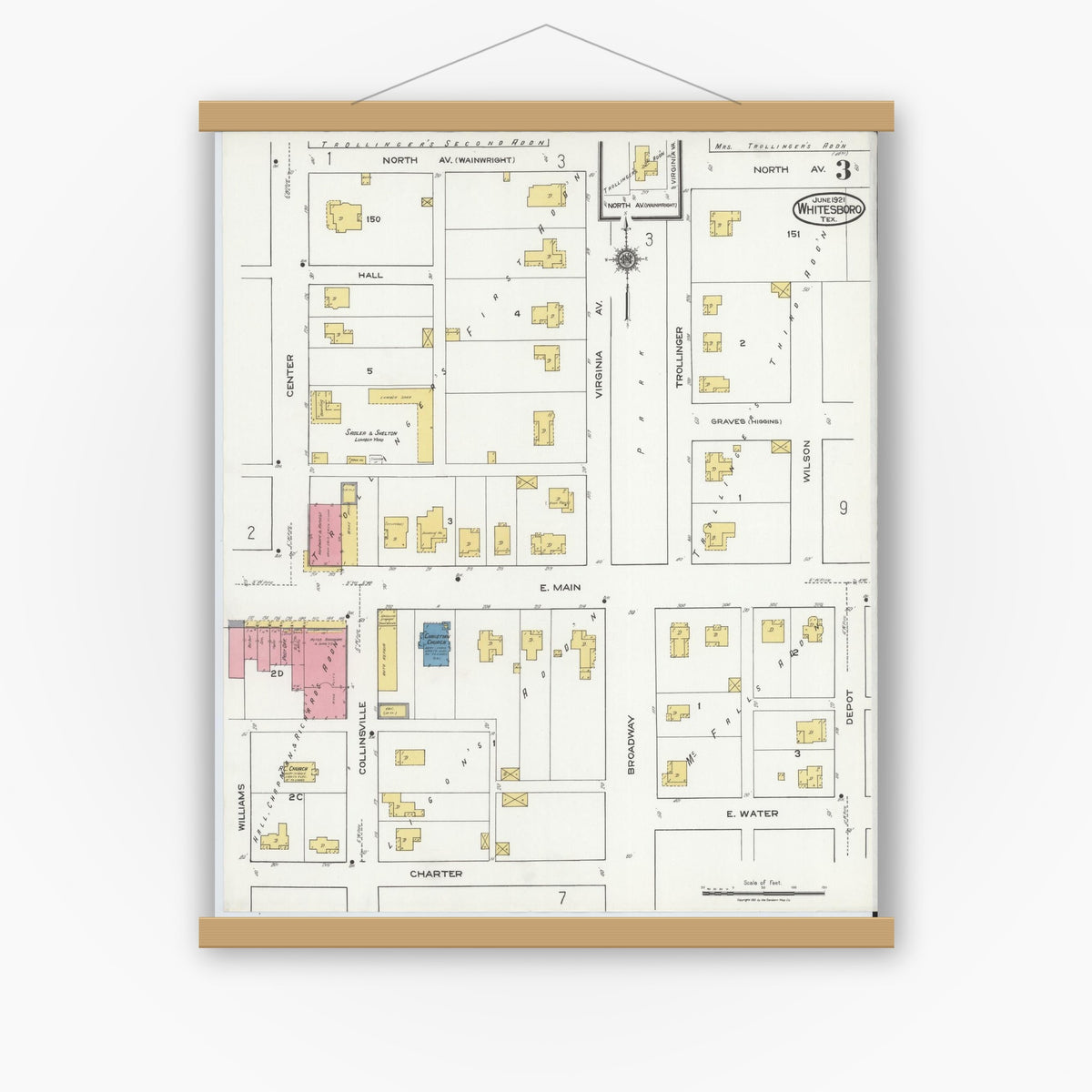 Old map wall art mockup — magnetic wood frame on white wall — Sanborn Fire Insurance Map from Whitesboro, Grayson County, Texas (1921), Sheet #0003