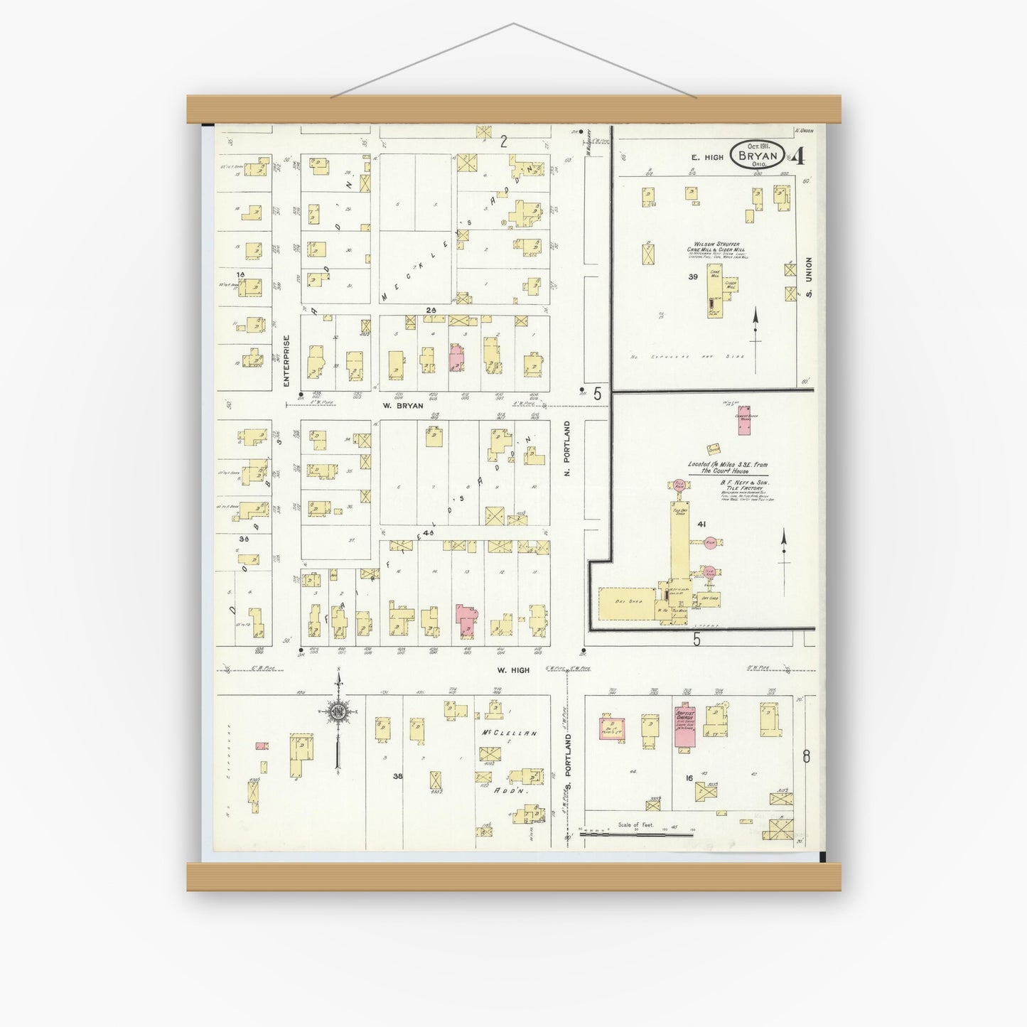 Old map wall art mockup — magnetic wood frame on white wall — Sanborn Fire Insurance Map from Bryan, Williams County, Ohio (1911), Sheet #0004