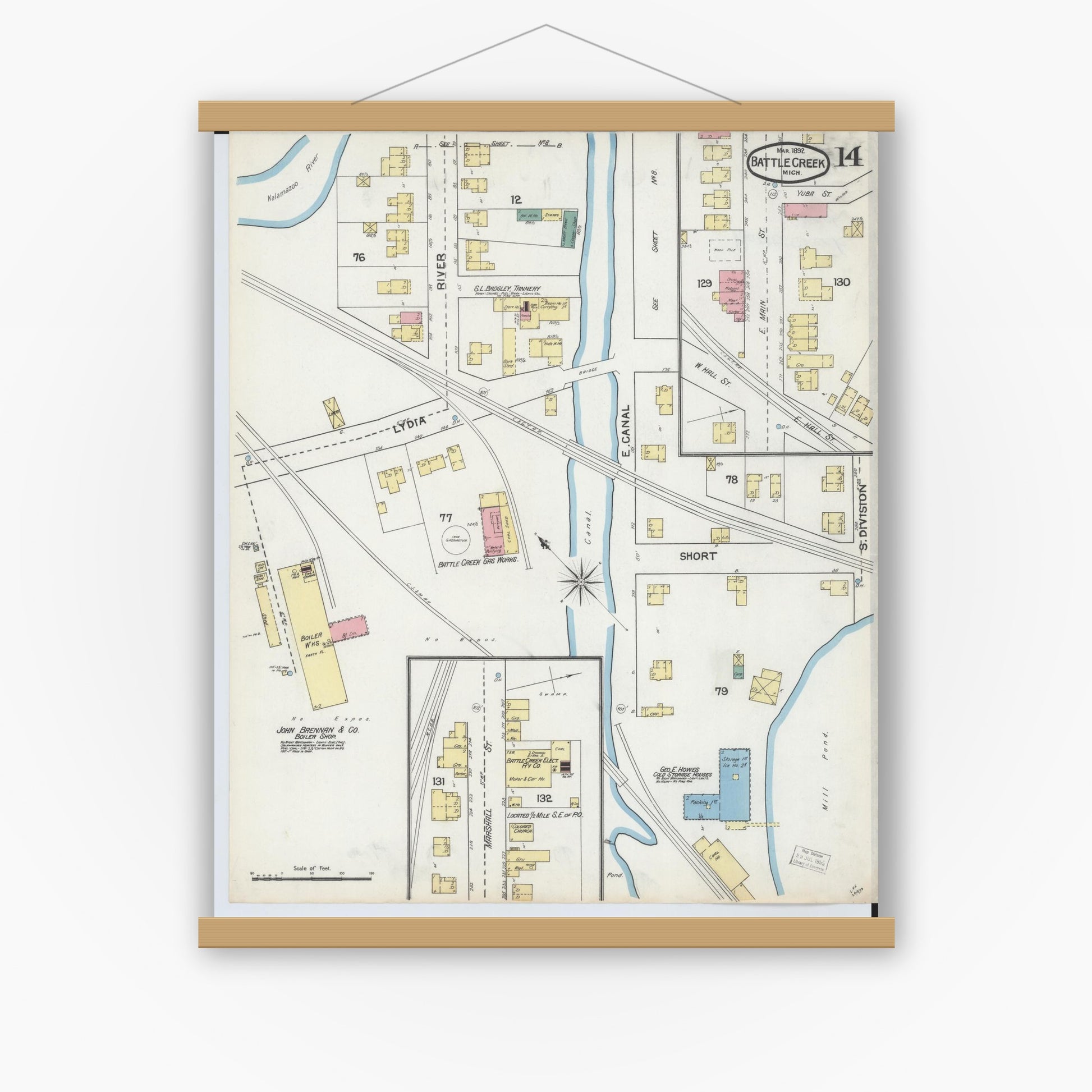 Old map wall art mockup — magnetic wood frame on white wall — Sanborn Fire Insurance Map from Battle Creek, Calhoun County, Michigan (1892), Sheet #0014