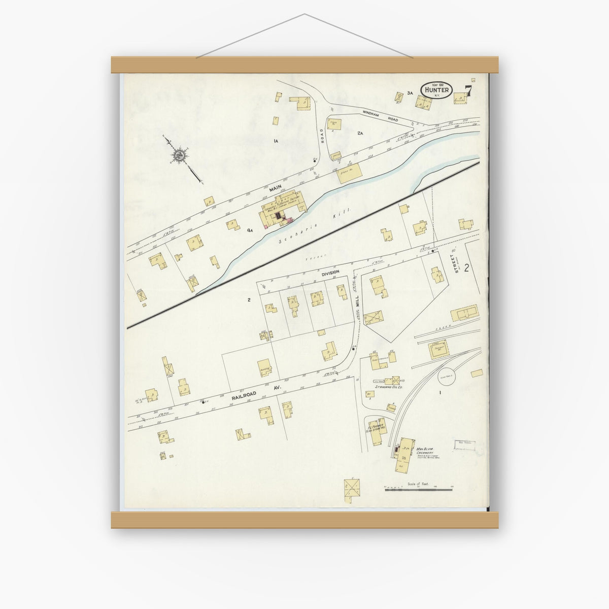 Old map wall art mockup — magnetic wood frame on white wall — Sanborn Fire Insurance Map from Hunter, Greene County, New York (1912), Sheet #0007