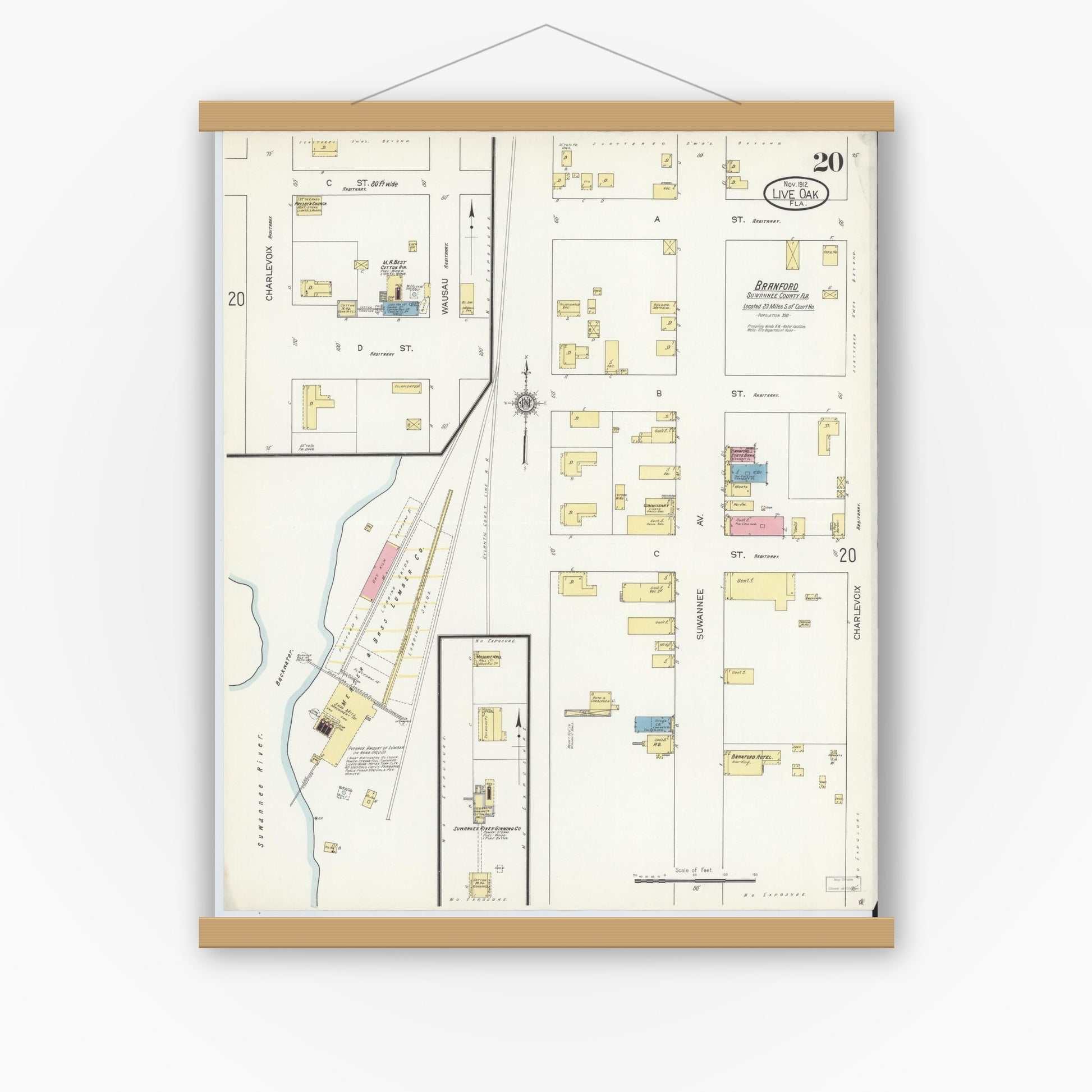 Old map wall art mockup — magnetic wood frame on white wall — Sanborn Fire Insurance Map from Live Oak, Suwanee County, Florida (1912), Sheet #0020