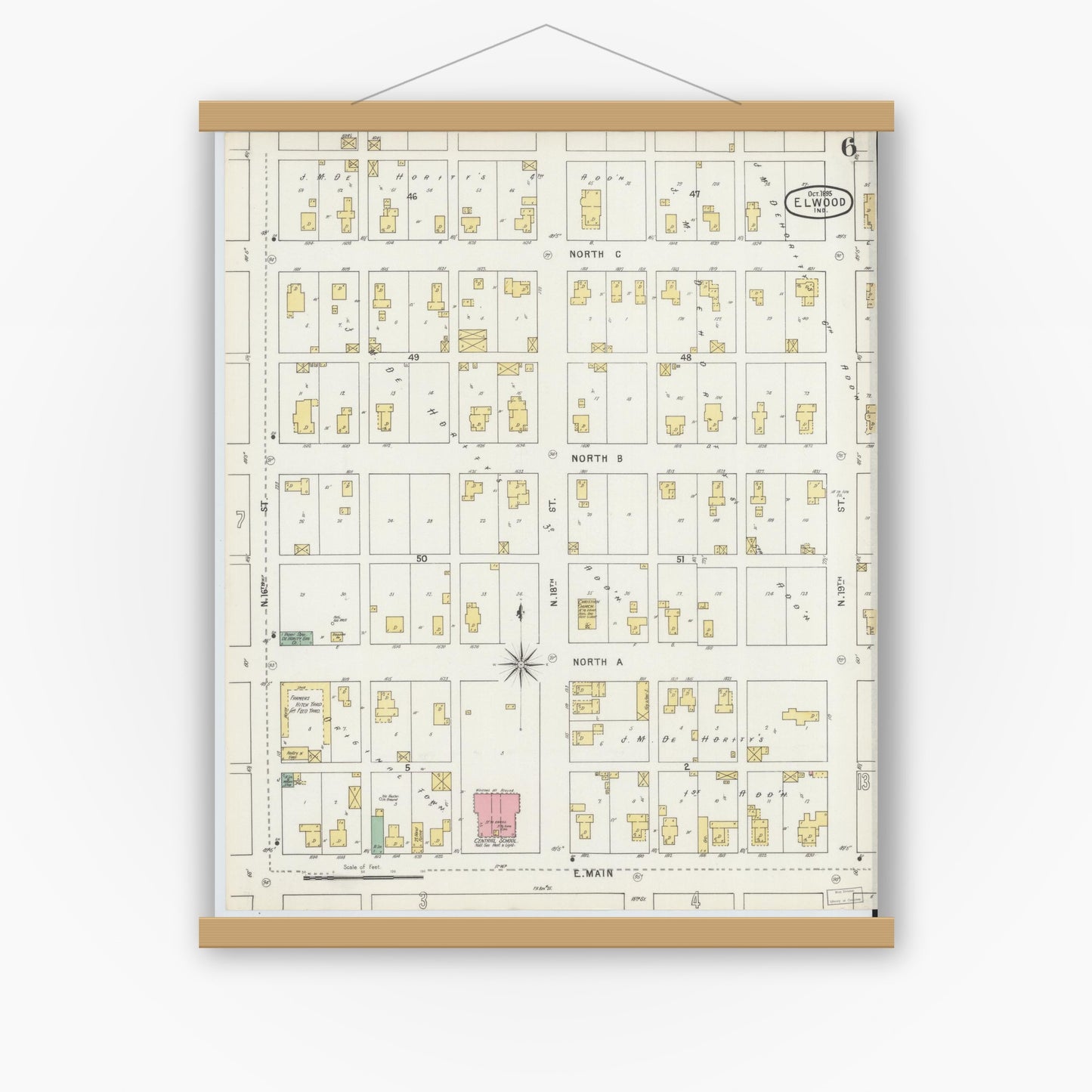 Old map wall art mockup — magnetic wood frame on white wall — Sanborn Fire Insurance Map from Elwood, Madison County, Indiana (1895), Sheet #0006