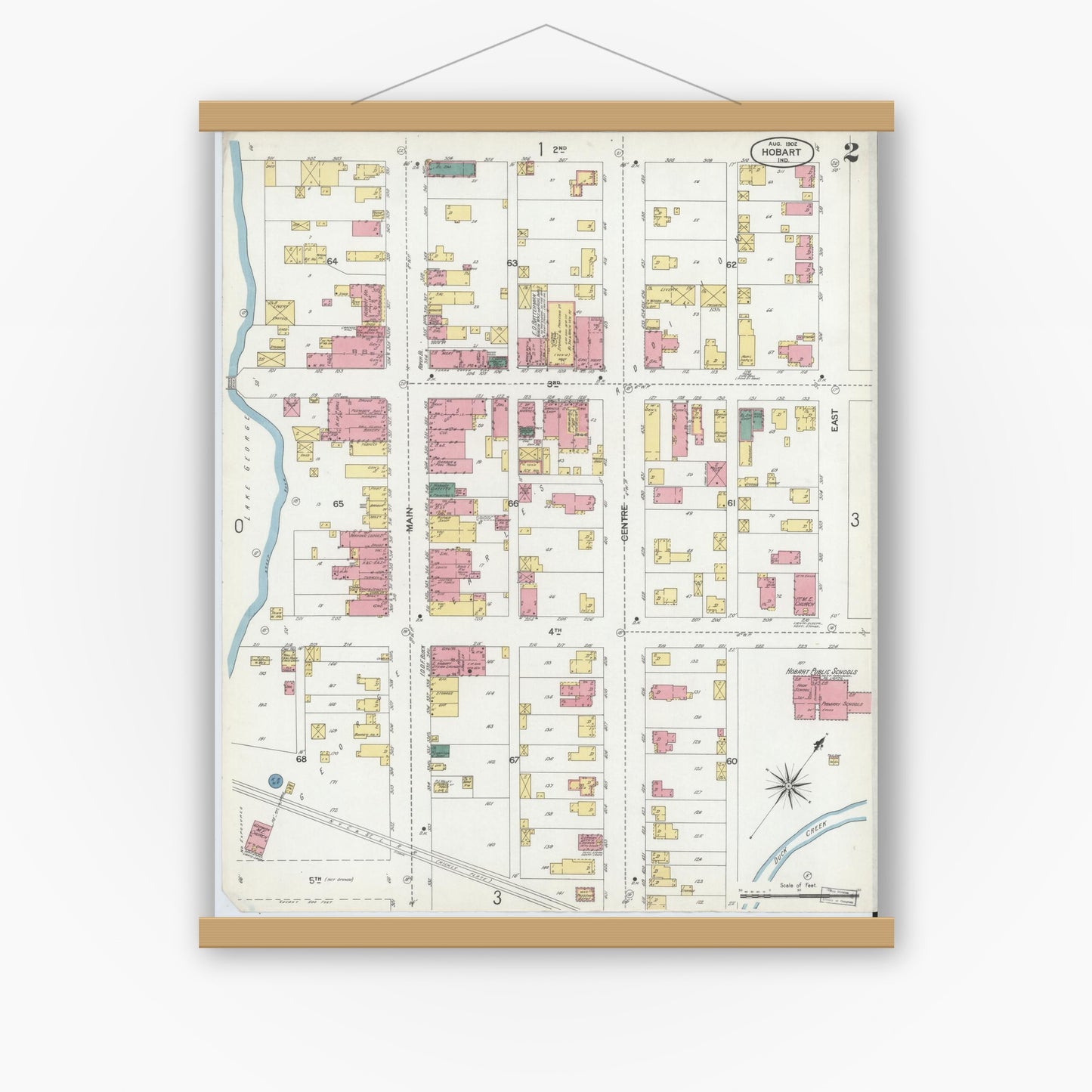 Old map wall art mockup — magnetic wood frame on white wall — Sanborn Fire Insurance Map from Hobart, Lake County, Indiana (1902), Sheet #0002