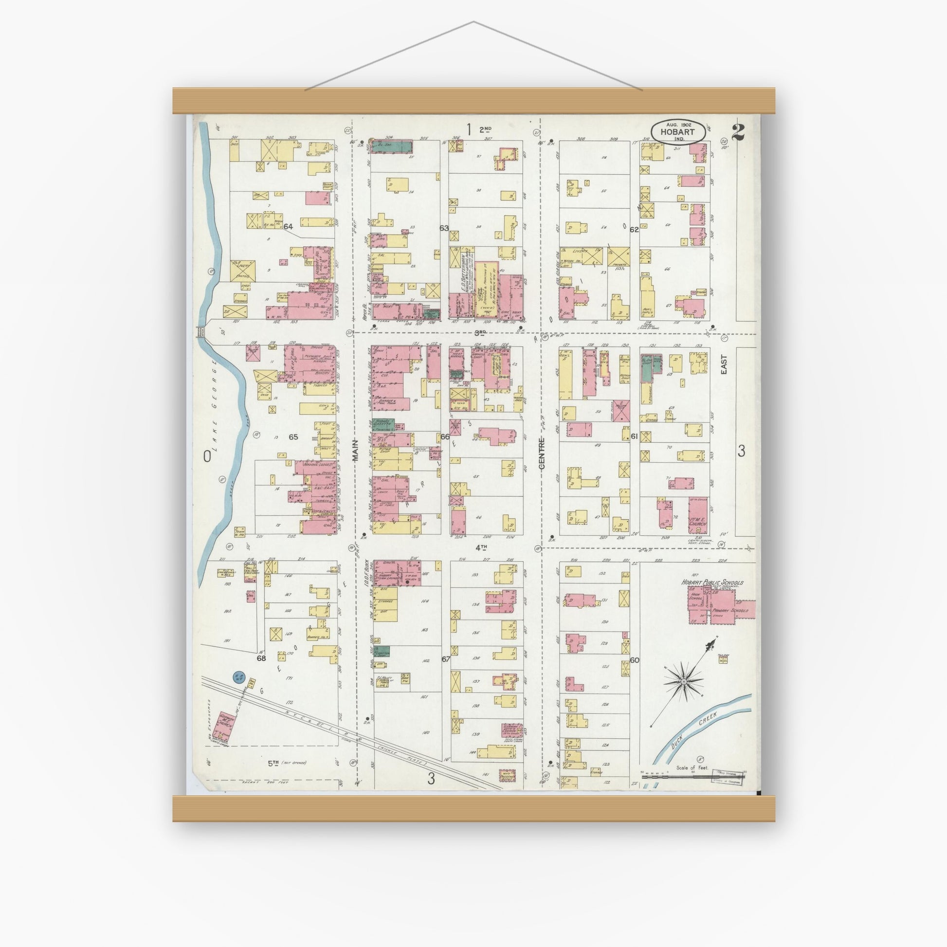 Old map wall art mockup — magnetic wood frame on white wall — Sanborn Fire Insurance Map from Hobart, Lake County, Indiana (1902), Sheet #0002