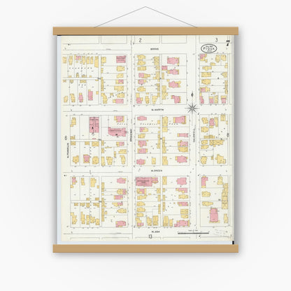 Old map wall art mockup — magnetic wood frame on white wall — Sanborn Fire Insurance Map from Piqua, Miami County, Ohio (1905), Sheet #0007
