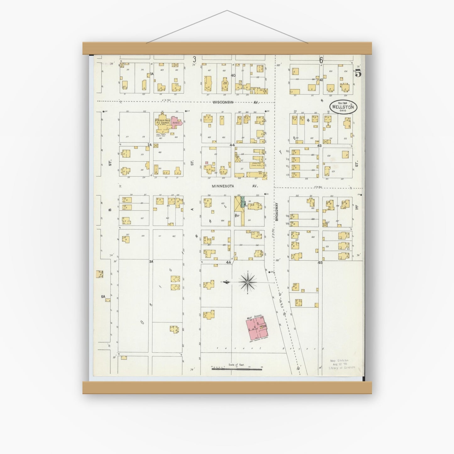 Old map wall art mockup — magnetic wood frame on white wall — Sanborn Fire Insurance Map from Wellston, Jackson County, Ohio (1904), Sheet #0005