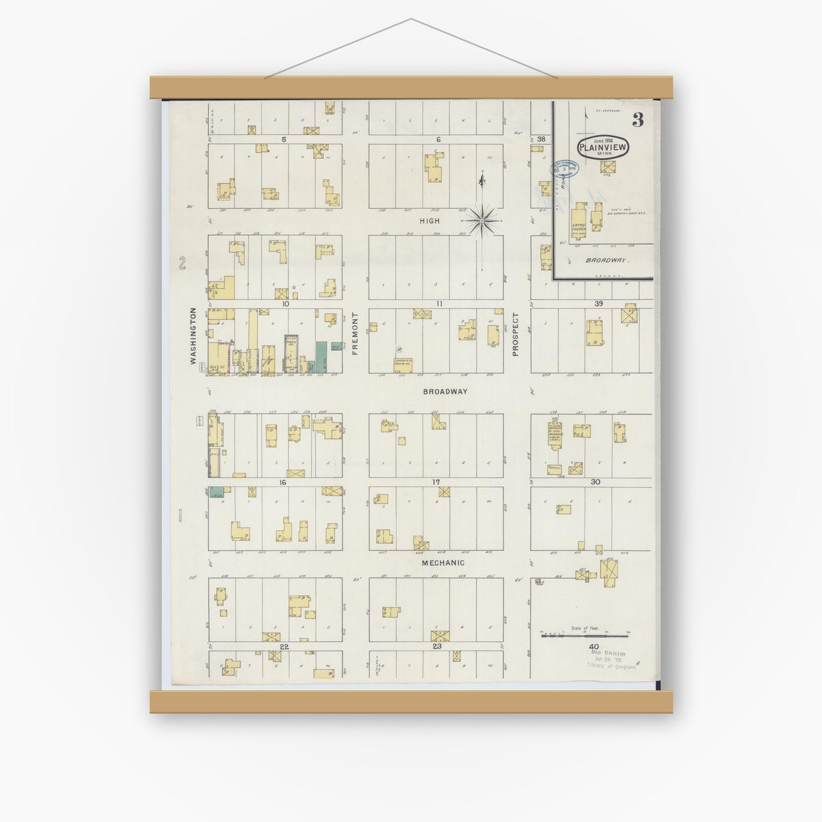 Old map wall art mockup — magnetic wood frame on white wall — Sanborn Fire Insurance Map from Plainview, Wabasha County, Minnesota (1894), Sheet #0003