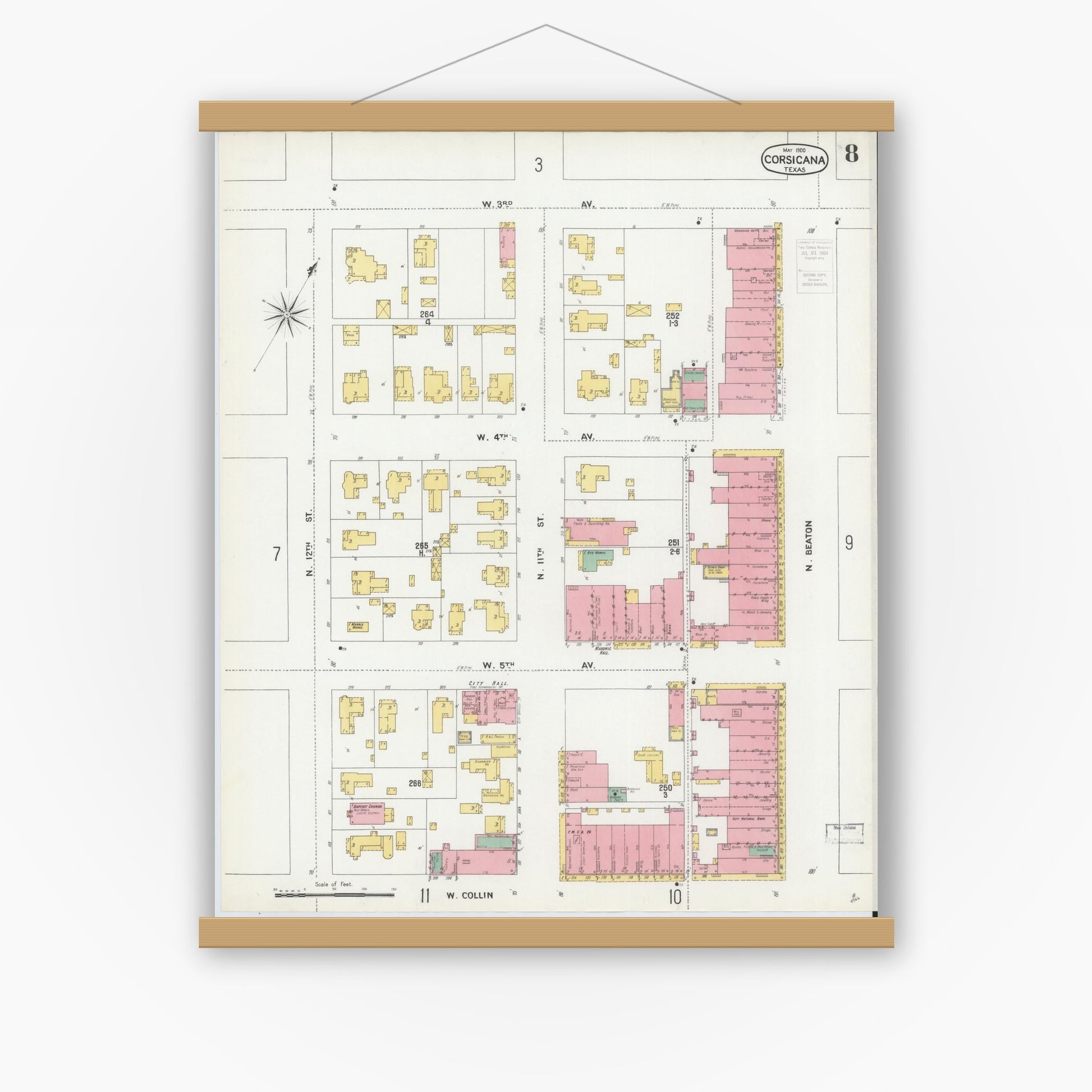 Old map wall art mockup — magnetic wood frame on white wall — Sanborn Fire Insurance Map from Corsicana, Navarro County, Texas (1900), Sheet #0008