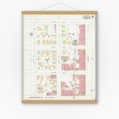 Old map wall art mockup — magnetic wood frame on white wall — Sanborn Fire Insurance Map from Corsicana, Navarro County, Texas (1900), Sheet #0008