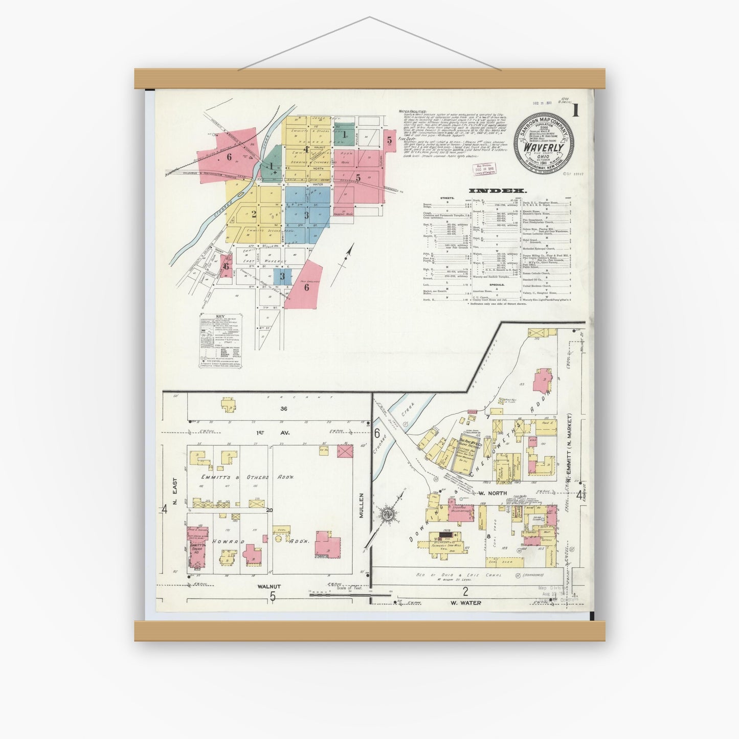 Old map wall art mockup — magnetic wood frame on white wall — Sanborn Fire Insurance Map from Waverly, Pike County, Ohio (1911) - Complete Map Set