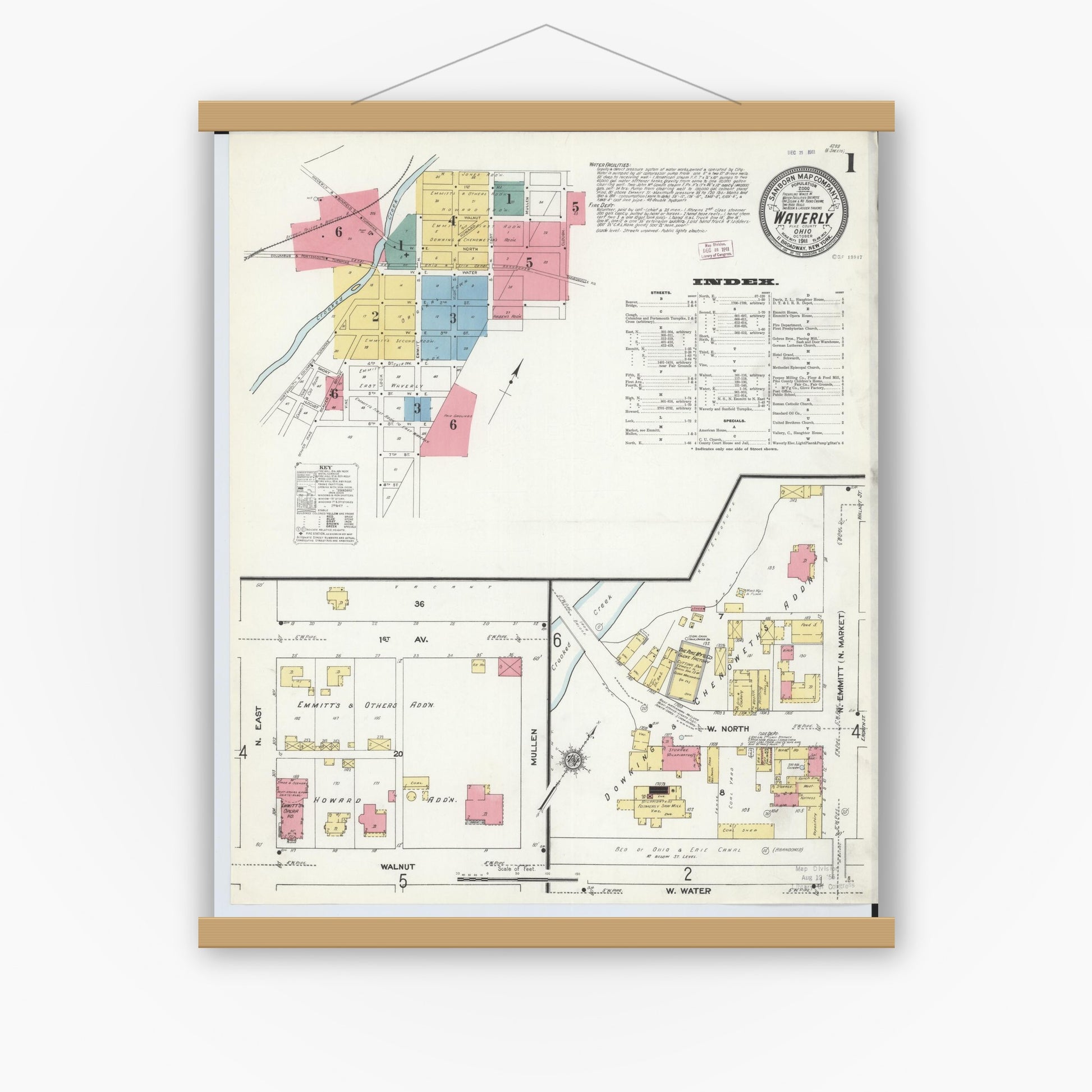 Old map wall art mockup — magnetic wood frame on white wall — Sanborn Fire Insurance Map from Waverly, Pike County, Ohio (1911) - Complete Map Set