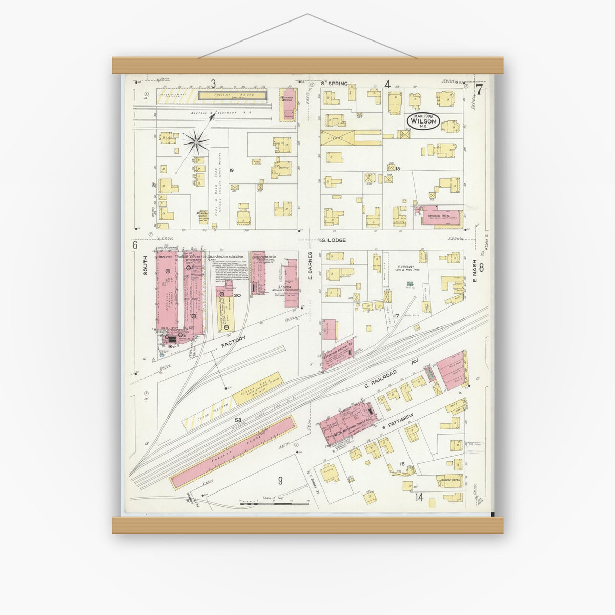 Old map wall art mockup — magnetic wood frame on white wall — Sanborn Fire Insurance Map from Wilson, Wilson County, North Carolina (1908), Sheet #0007