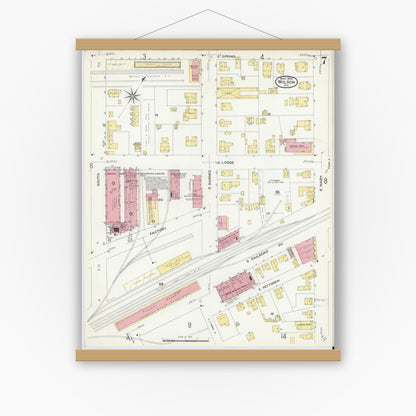 Old map wall art mockup — magnetic wood frame on white wall — Sanborn Fire Insurance Map from Wilson, Wilson County, North Carolina (1908), Sheet #0007
