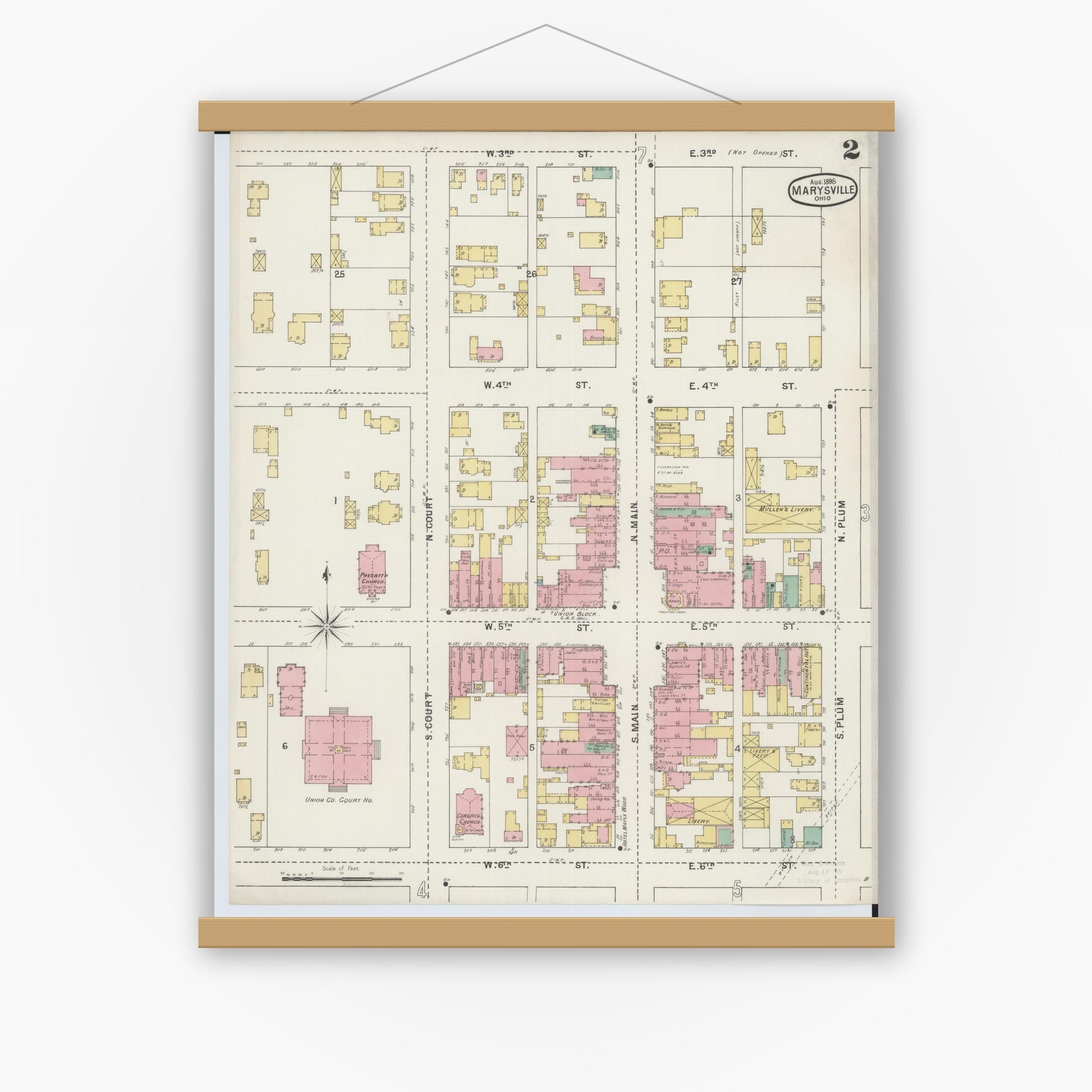 Old map wall art mockup — magnetic wood frame on white wall — Sanborn Fire Insurance Map from Marysville, Union County, Ohio (1895), Sheet #0002
