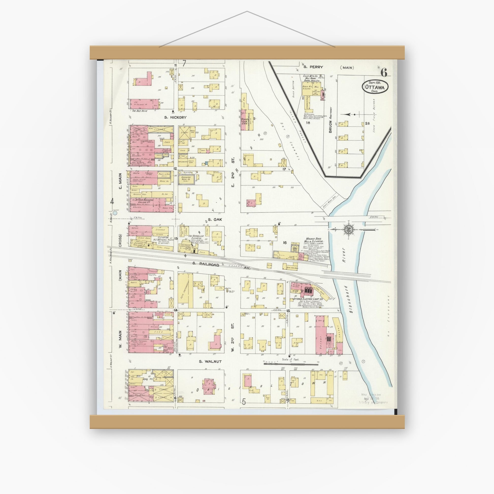 Old map wall art mockup — magnetic wood frame on white wall — Sanborn Fire Insurance Map from Ottawa, Putnam County, Ohio (1911), Sheet #0006