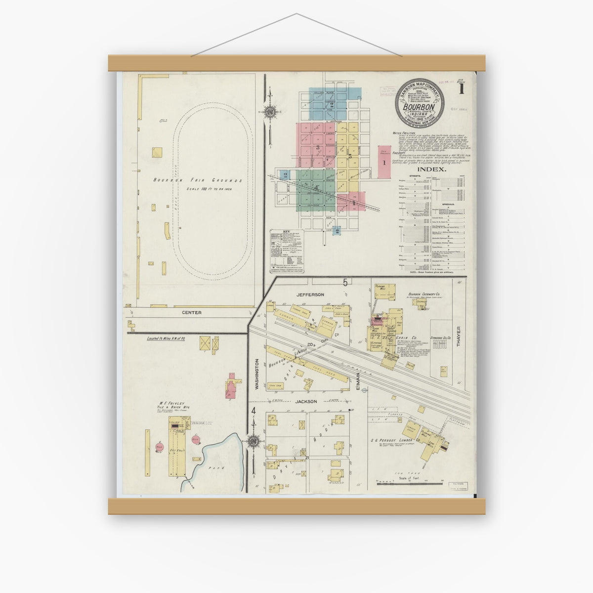 Old map wall art mockup — magnetic wood frame on white wall — Sanborn Fire Insurance Map from Bourbon, Marshall County, Indiana (1910) - Complete Map Set