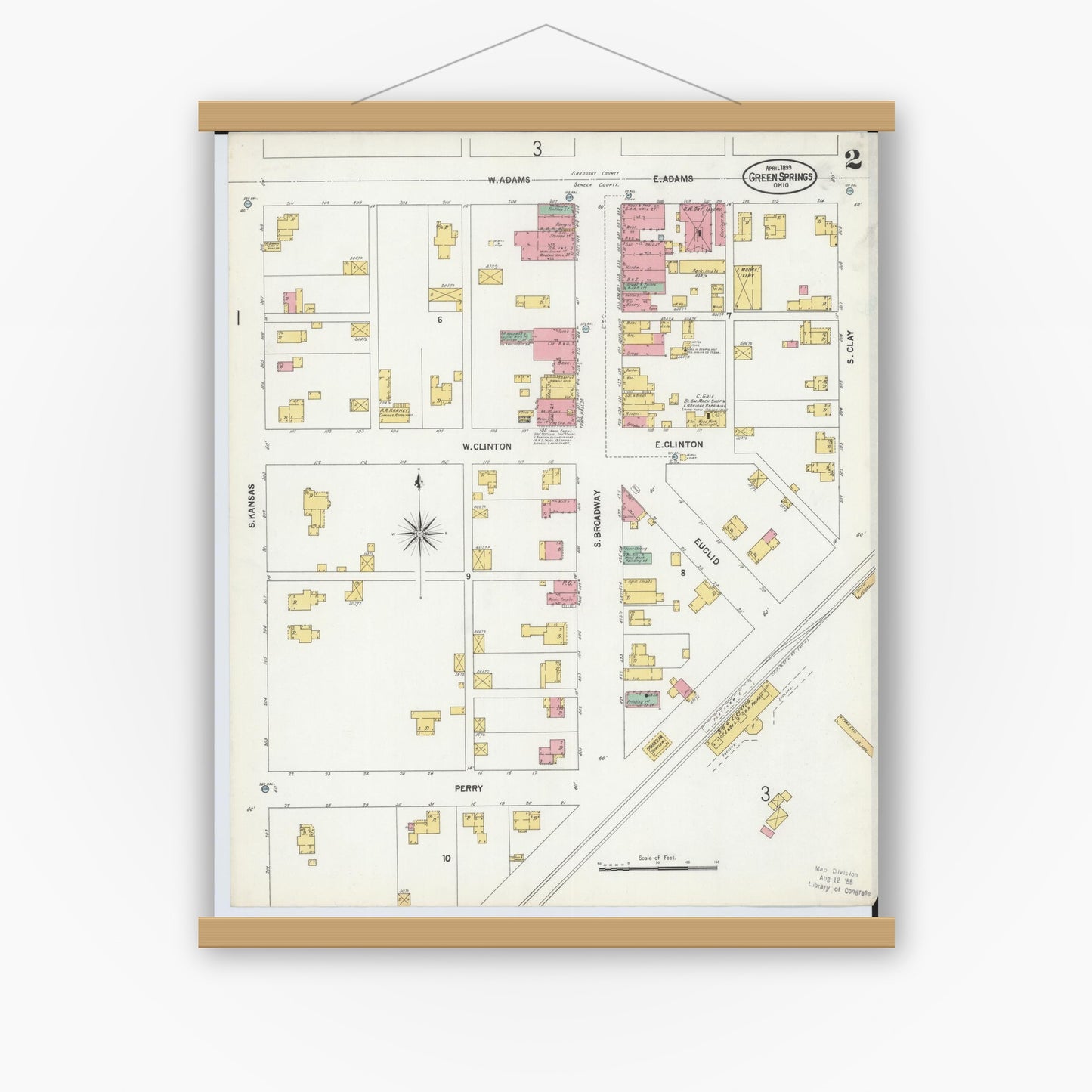 Old map wall art mockup — magnetic wood frame on white wall — Sanborn Fire Insurance Map from Green Springs, Sandusky And Seneca Counties, Ohio (1899), Sheet #0002