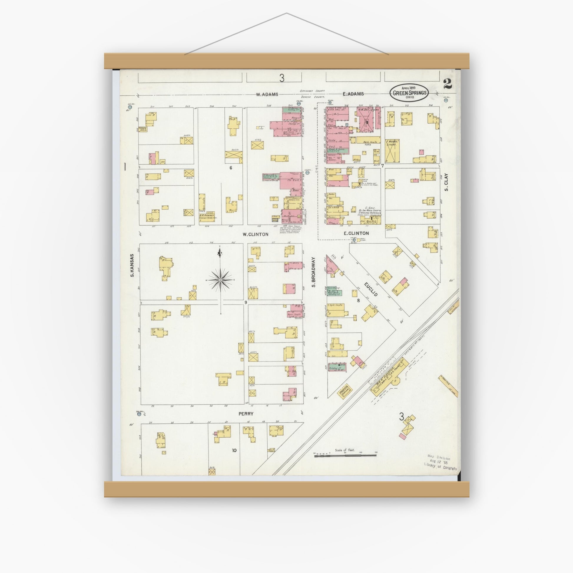 Old map wall art mockup — magnetic wood frame on white wall — Sanborn Fire Insurance Map from Green Springs, Sandusky And Seneca Counties, Ohio (1899), Sheet #0002