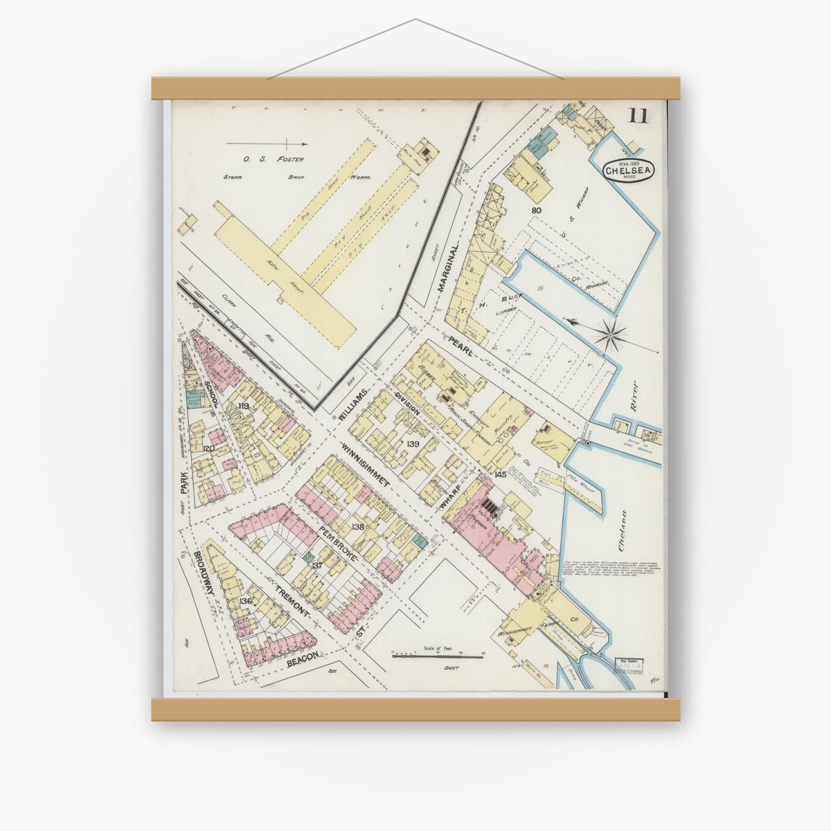 Old map wall art mockup — magnetic wood frame on white wall — Sanborn Fire Insurance Map from Chelsea, Suffolk County, Massachusetts (1889), Sheet #0011