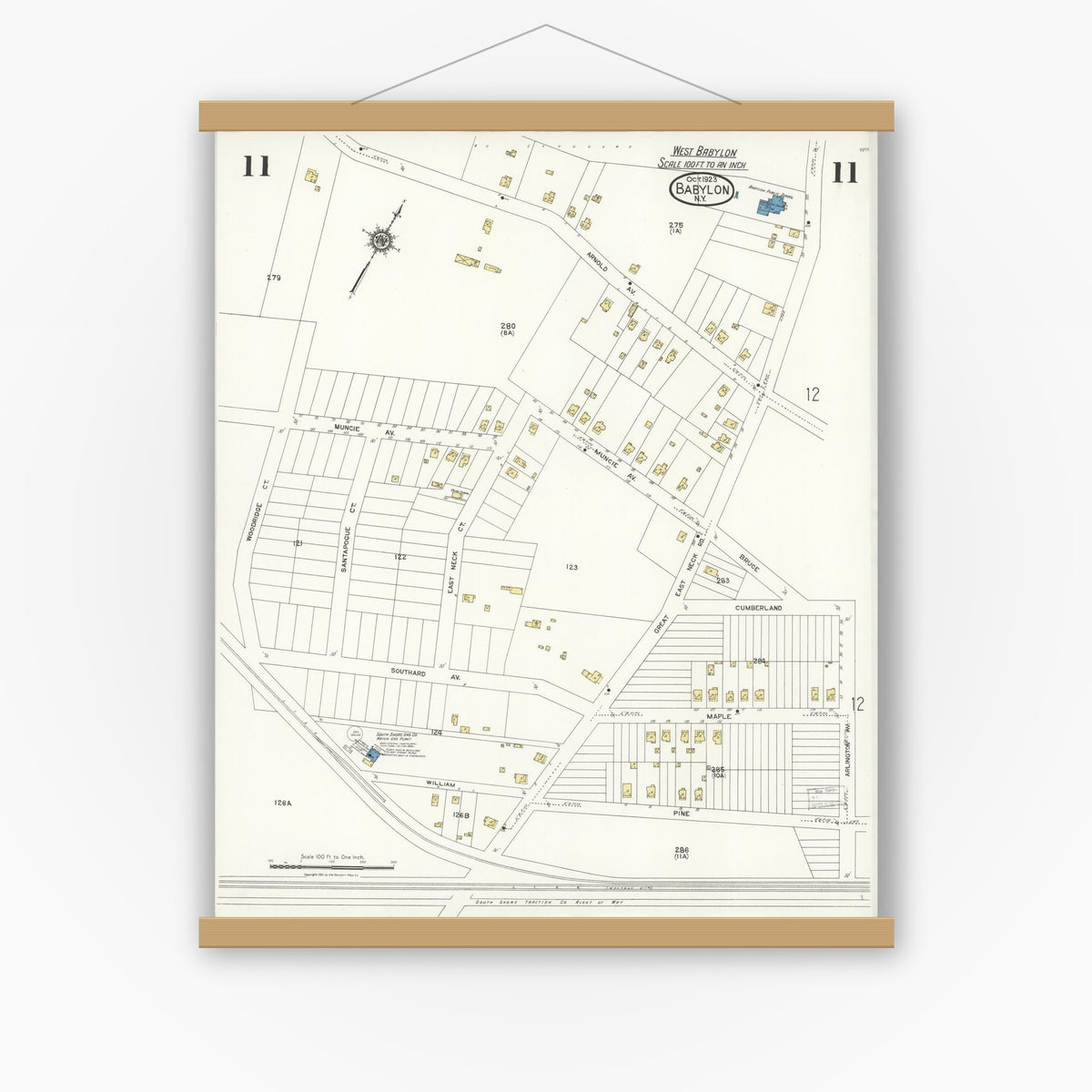 Old map wall art mockup — magnetic wood frame on white wall — Sanborn Fire Insurance Map from Babylon, Suffolk County, New York (1923), Sheet #0011