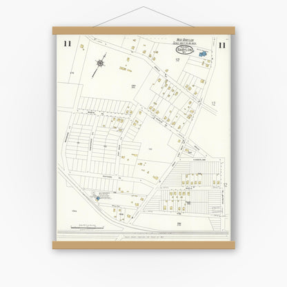 Old map wall art mockup — magnetic wood frame on white wall — Sanborn Fire Insurance Map from Babylon, Suffolk County, New York (1923), Sheet #0011