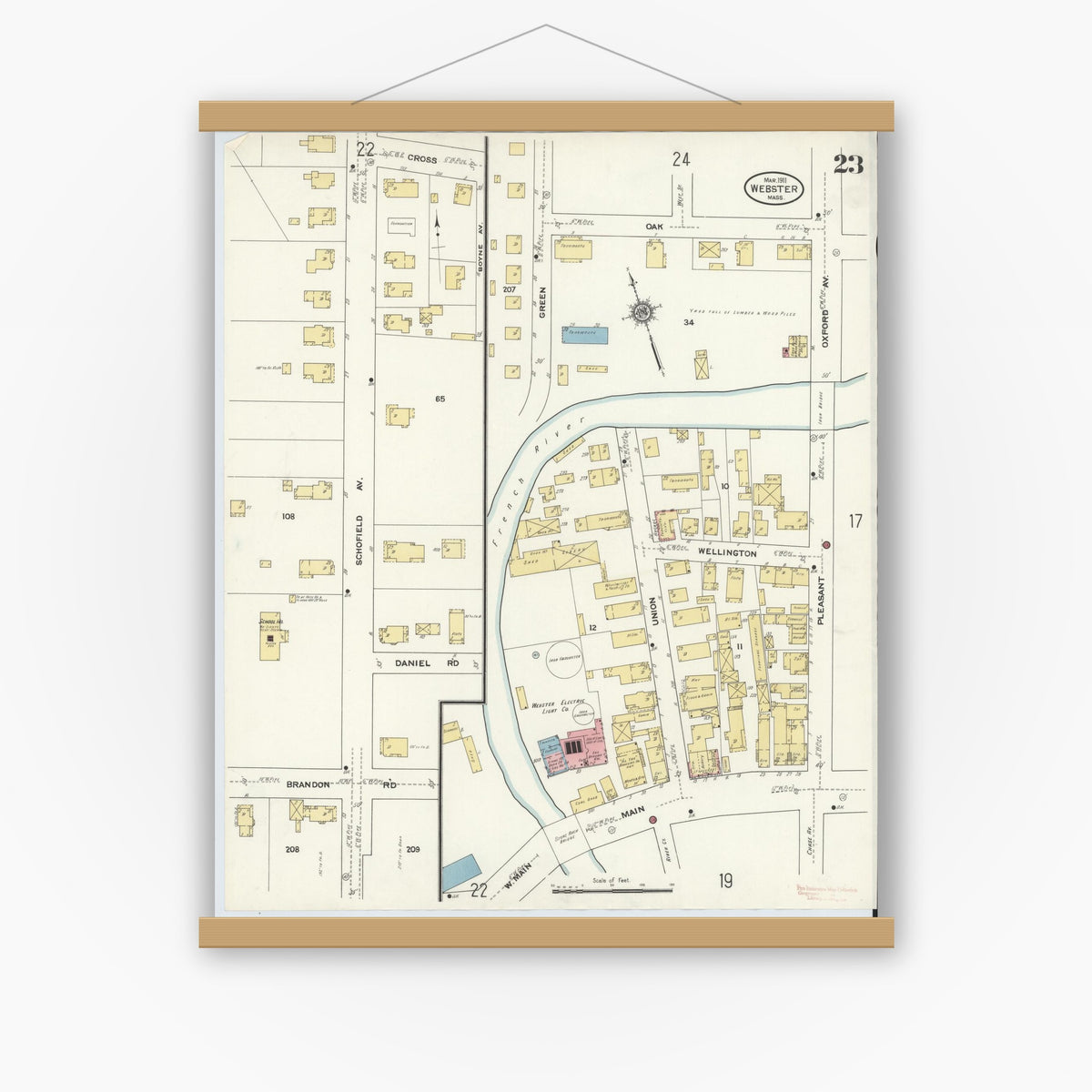 Old map wall art mockup — magnetic wood frame on white wall — Sanborn Fire Insurance Map from Webster, Worcester County, Massachusetts (1911), Sheet #0023