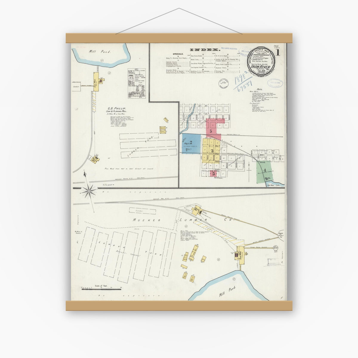Old map wall art mockup — magnetic wood frame on white wall — Sanborn Fire Insurance Map from Iron River, Bayfield County, Wisconsin (1898) - Complete Map Set