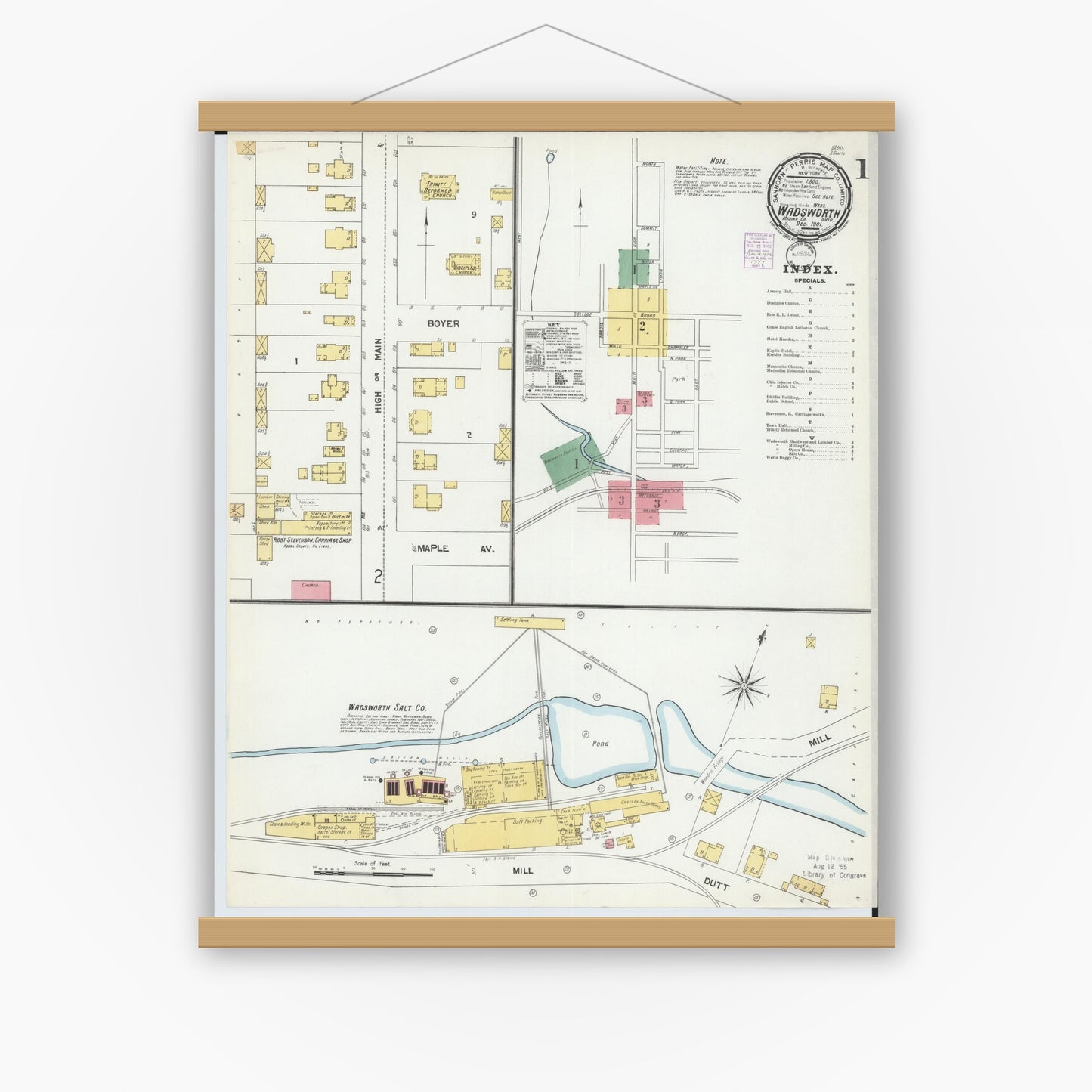 Old map wall art mockup — magnetic wood frame on white wall — Sanborn Fire Insurance Map from Wadsworth, Medina County, Ohio (1901) - Complete Map Set