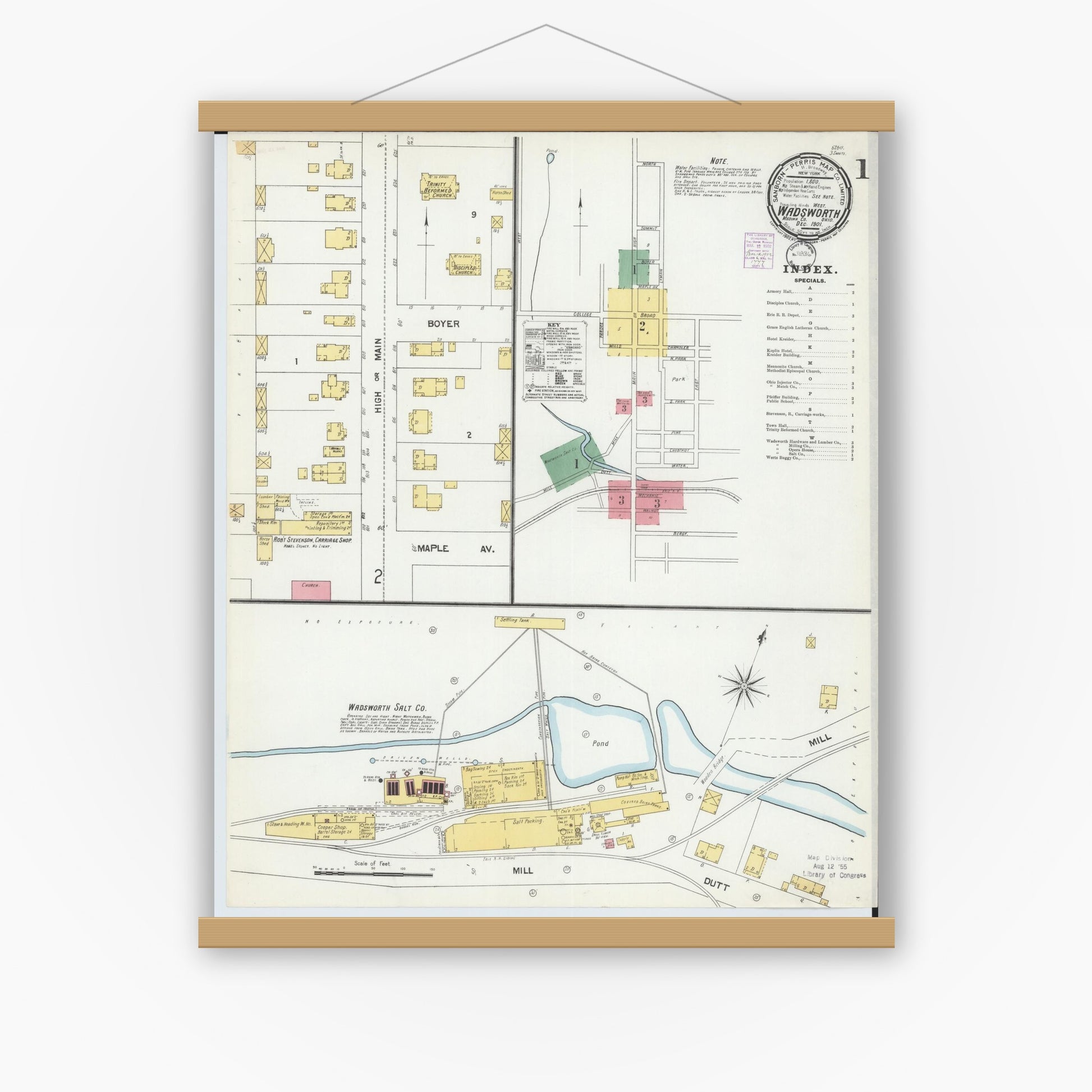 Old map wall art mockup — magnetic wood frame on white wall — Sanborn Fire Insurance Map from Wadsworth, Medina County, Ohio (1901) - Complete Map Set