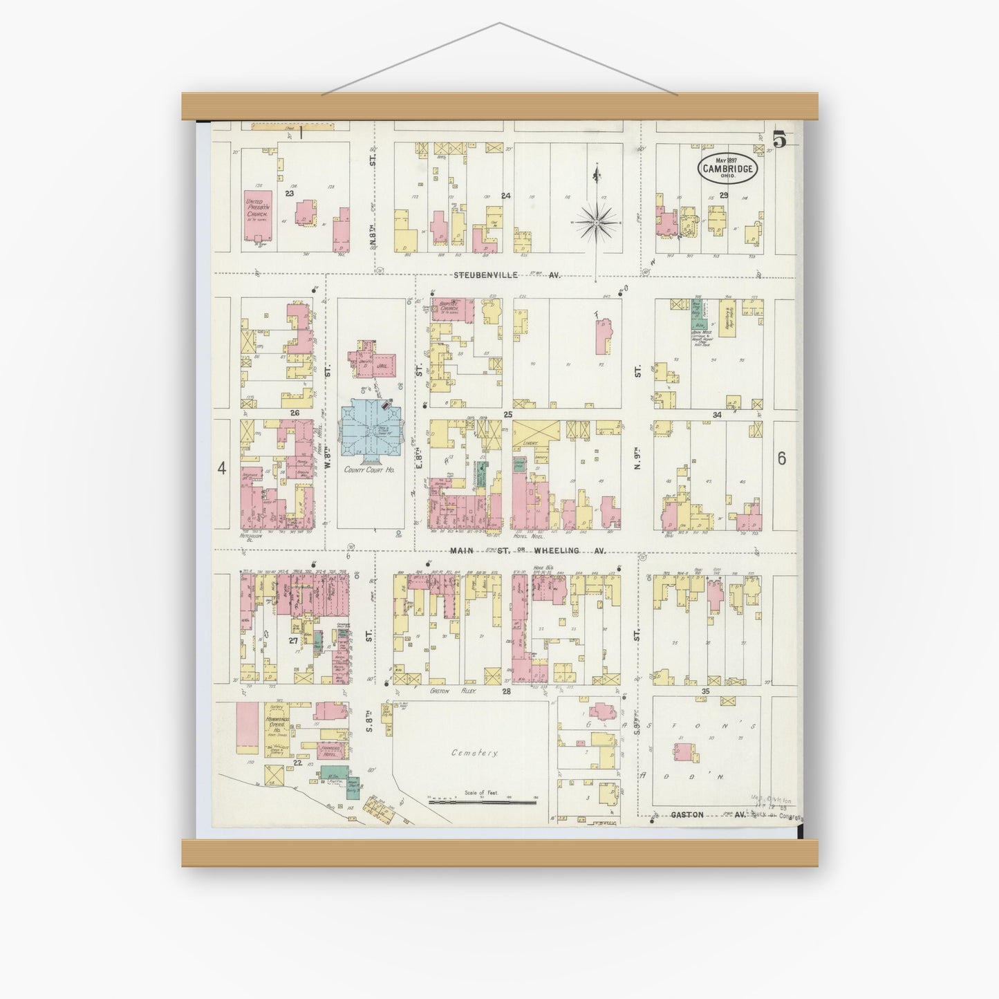 Old map wall art mockup — magnetic wood frame on white wall — Sanborn Fire Insurance Map from Cambridge, Guernsey County, Ohio (1897), Sheet #0005
