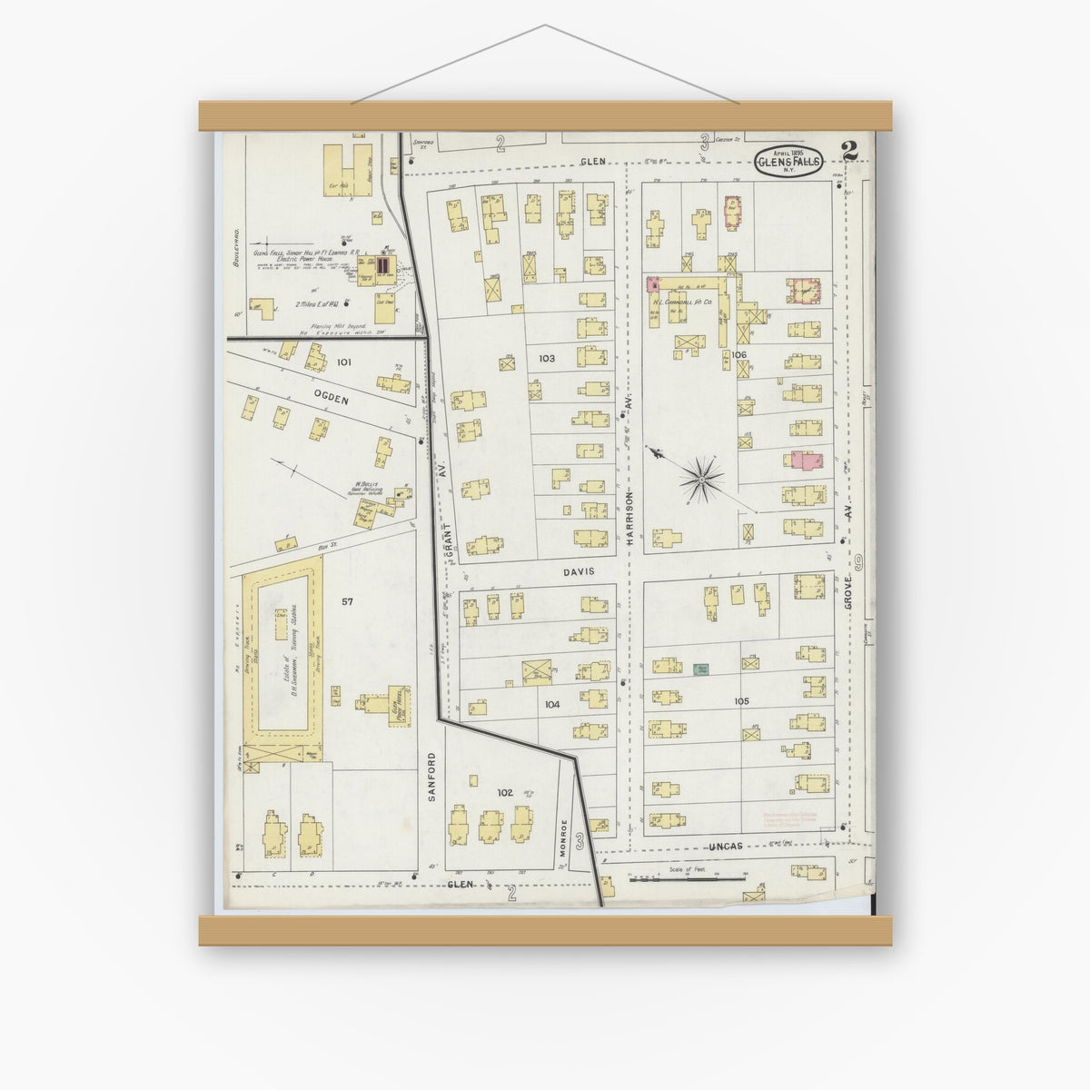 Old map wall art mockup — magnetic wood frame on white wall — Sanborn Fire Insurance Map from Glens Falls, Warren County, New York (1895) - Complete Map Set