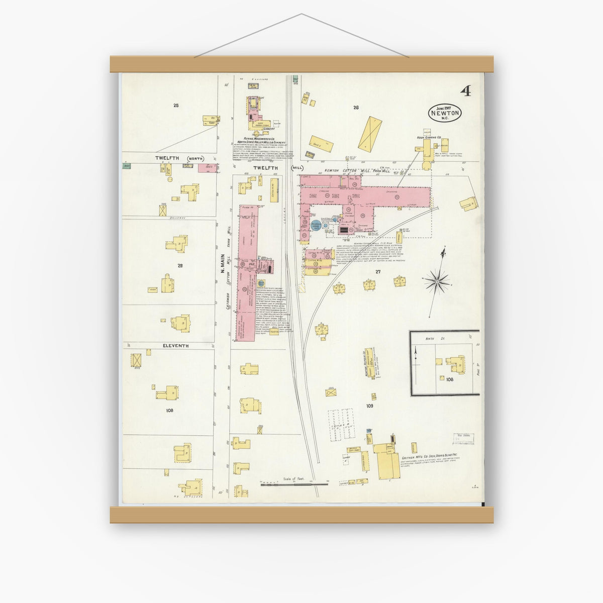 Old map wall art mockup — magnetic wood frame on white wall — Sanborn Fire Insurance Map from Newton, Catawba County, North Carolina (1907), Sheet #0004
