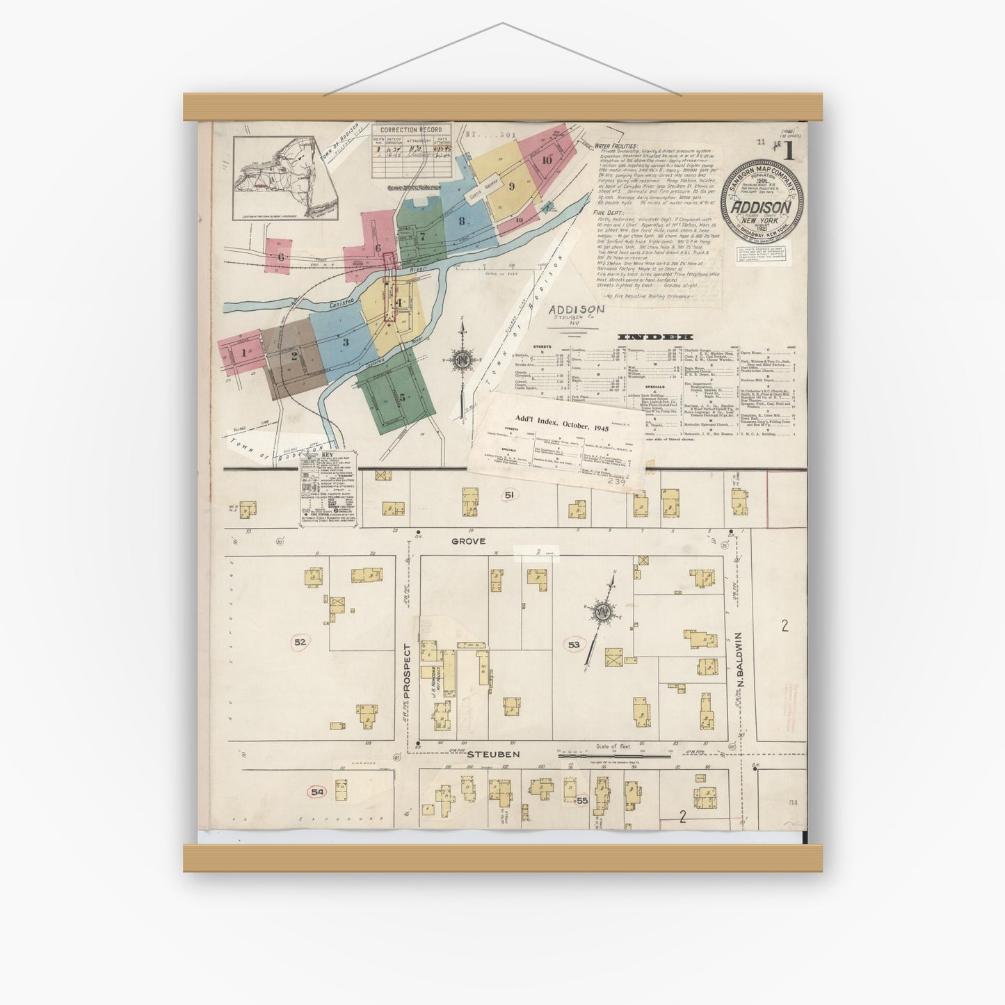 Old map wall art mockup — magnetic wood frame on white wall — Sanborn Fire Insurance Map from Addison, Steuben County, New York (1945), Sheet #0001
