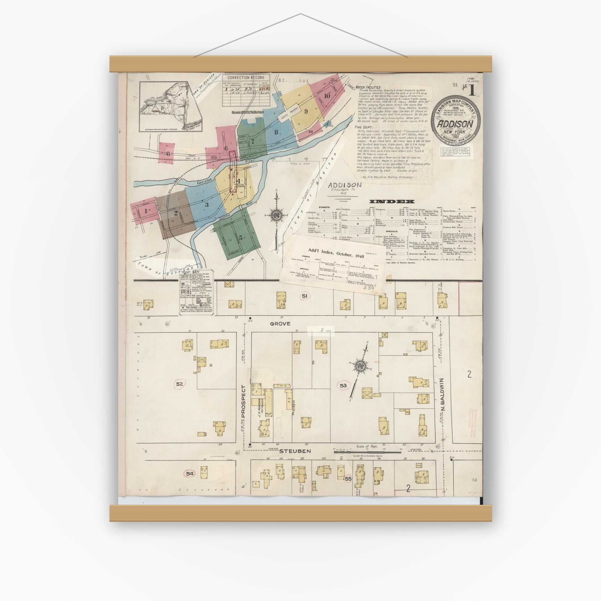 Old map wall art mockup — magnetic wood frame on white wall — Sanborn Fire Insurance Map from Addison, Steuben County, New York (1945), Sheet #0001
