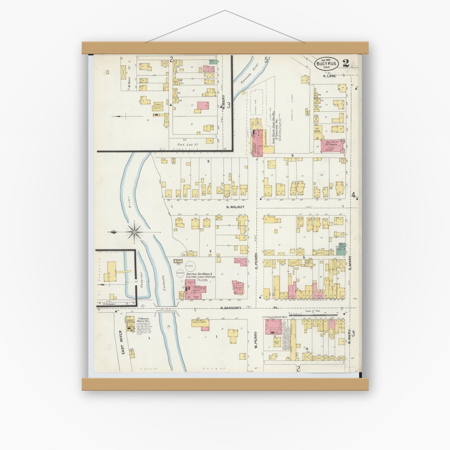Old map wall art mockup — magnetic wood frame on white wall — Sanborn Fire Insurance Map from Bucyrus, Crawford County, Ohio (1903), Sheet #0002