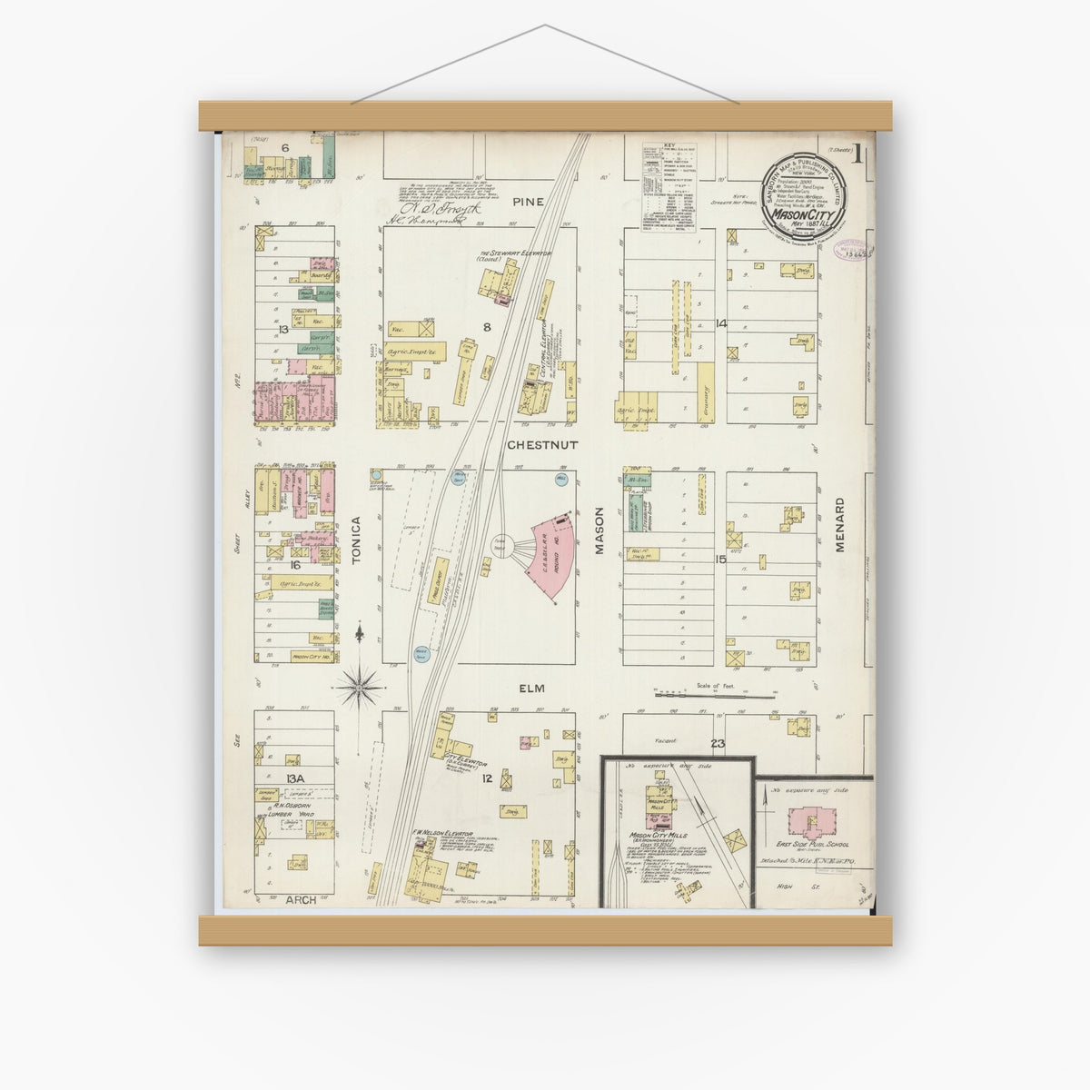 Old map wall art mockup — magnetic wood frame on white wall — Sanborn Fire Insurance Map from Mason City, Mason County, Illinois (1887), Sheet #0001