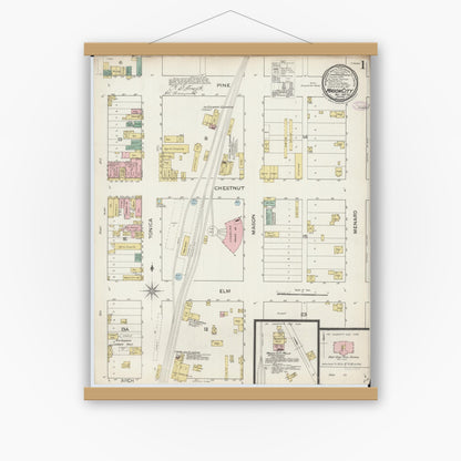 Old map wall art mockup — magnetic wood frame on white wall — Sanborn Fire Insurance Map from Mason City, Mason County, Illinois (1887), Sheet #0001