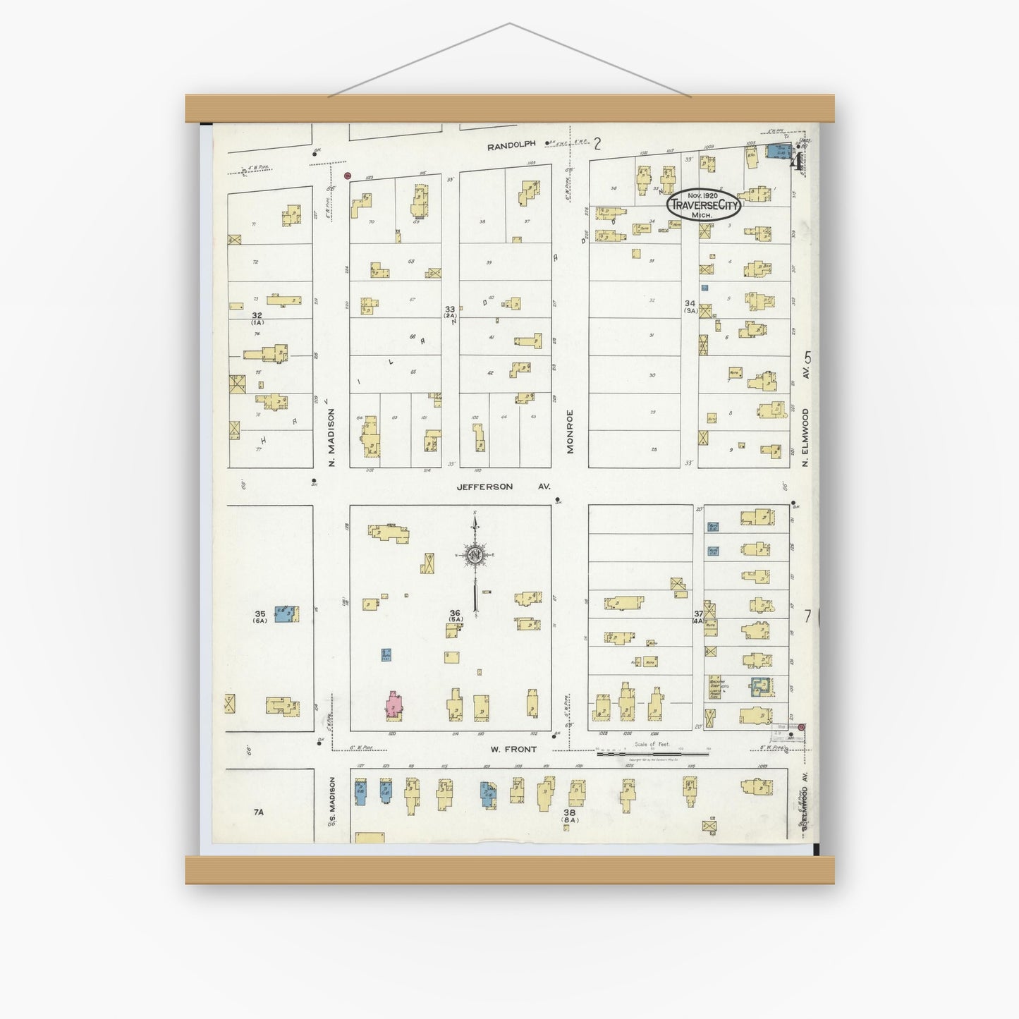 Old map wall art mockup — magnetic wood frame on white wall — Sanborn Fire Insurance Map from Traverse City, Grand Traverse County, Michigan (1920), Sheet #0004