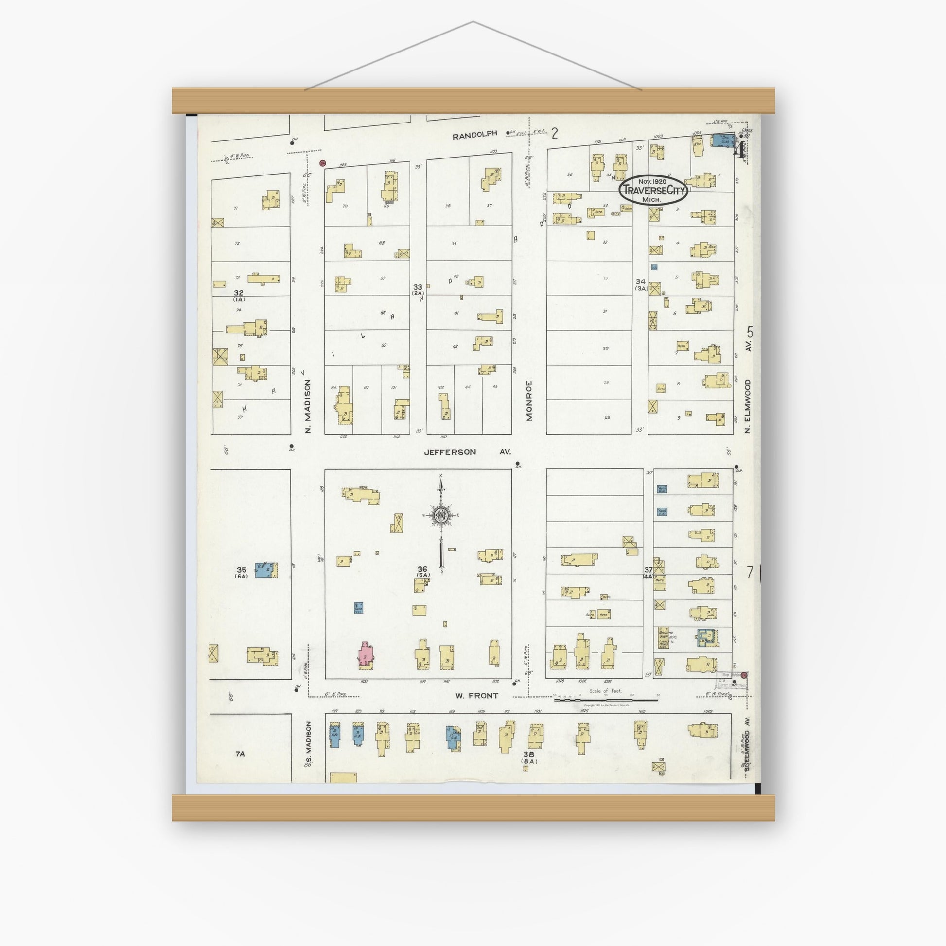 Old map wall art mockup — magnetic wood frame on white wall — Sanborn Fire Insurance Map from Traverse City, Grand Traverse County, Michigan (1920), Sheet #0004