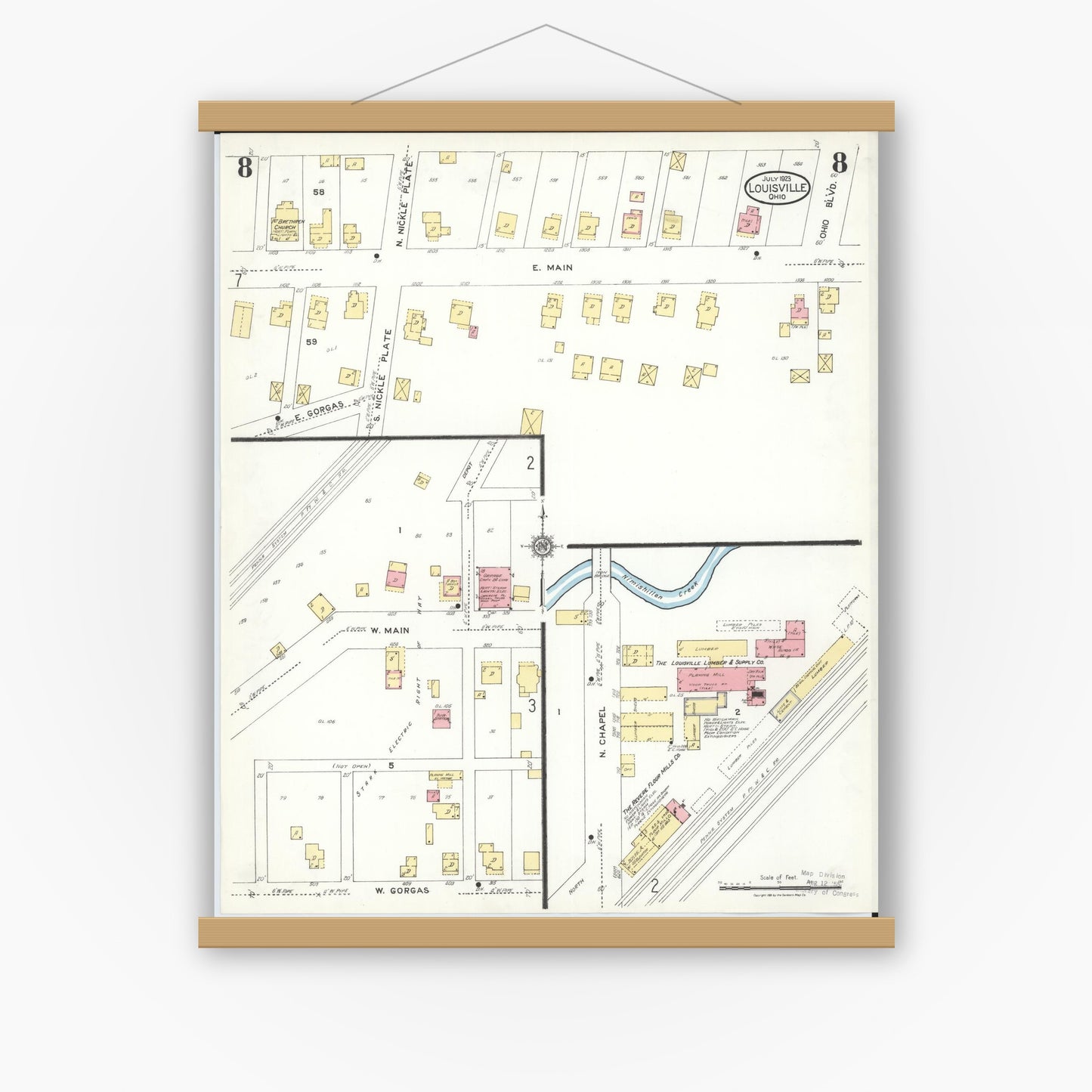 Old map wall art mockup — magnetic wood frame on white wall — Sanborn Fire Insurance Map from Louisville, Stark County, Ohio (1923), Sheet #0008