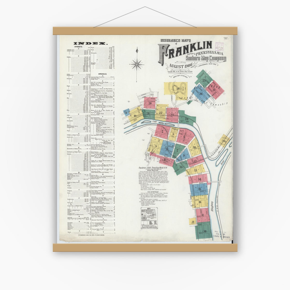 Old map wall art mockup — magnetic wood frame on white wall — Sanborn Fire Insurance Map from Franklin, Venango County, Pennsylvania (1906) - Complete Map Set